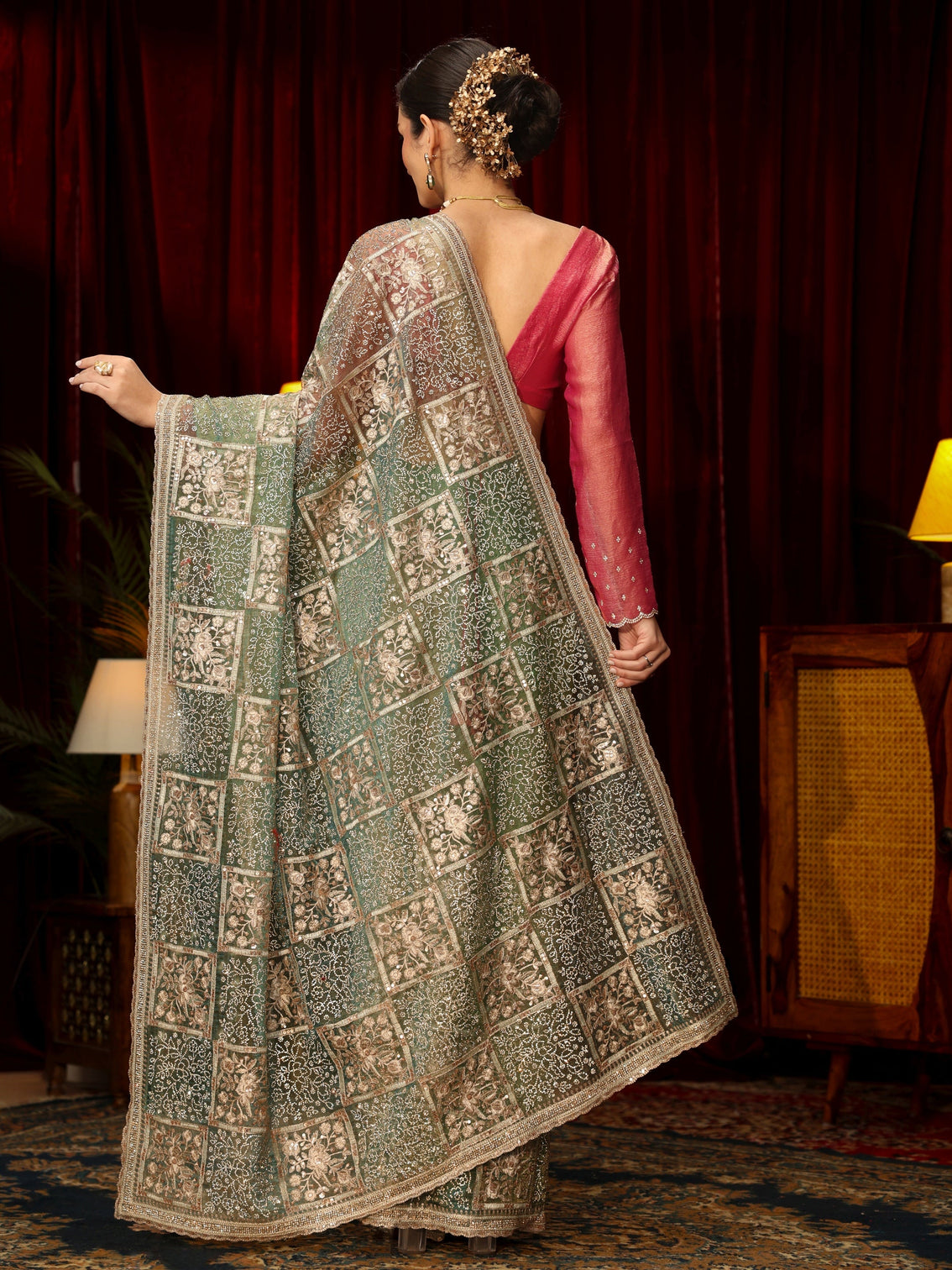 Mameraa Art Green Floral Embellished Tissue Saree