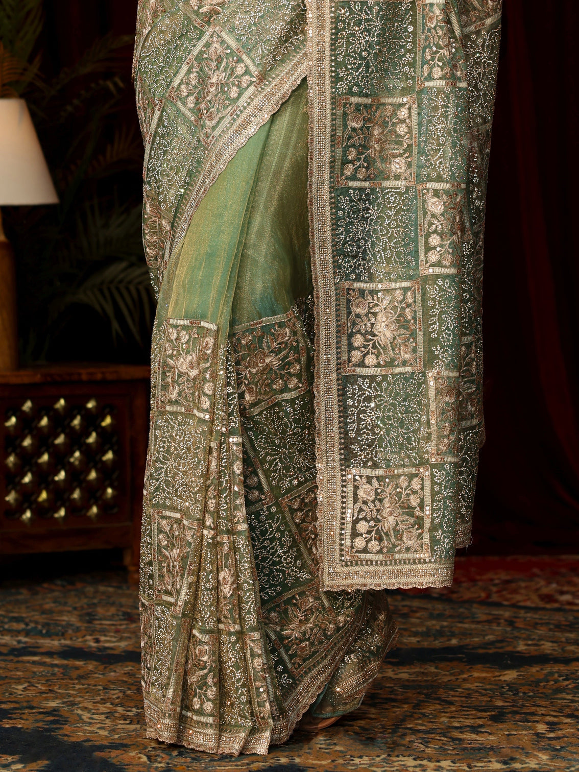 Mameraa Art Green Floral Embellished Tissue Saree