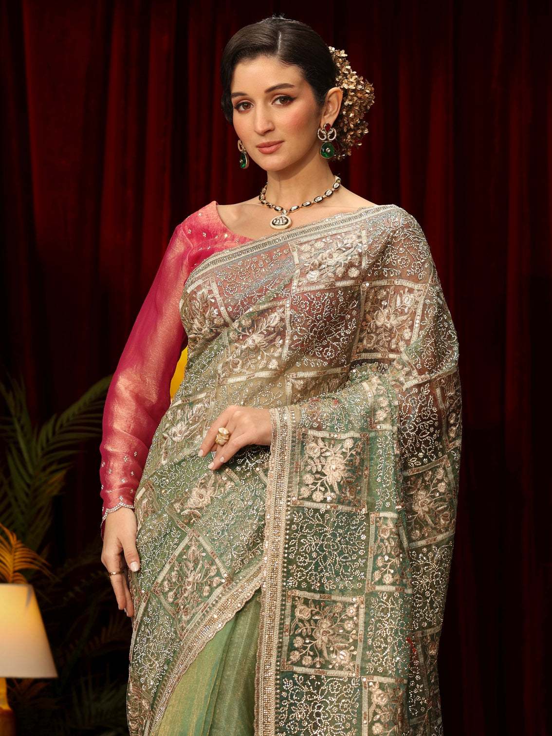 Mameraa Art Green Floral Embellished Tissue Saree