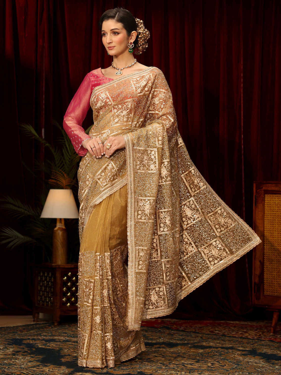 Mameraa Art Golden Floral Embellished Tissue Saree