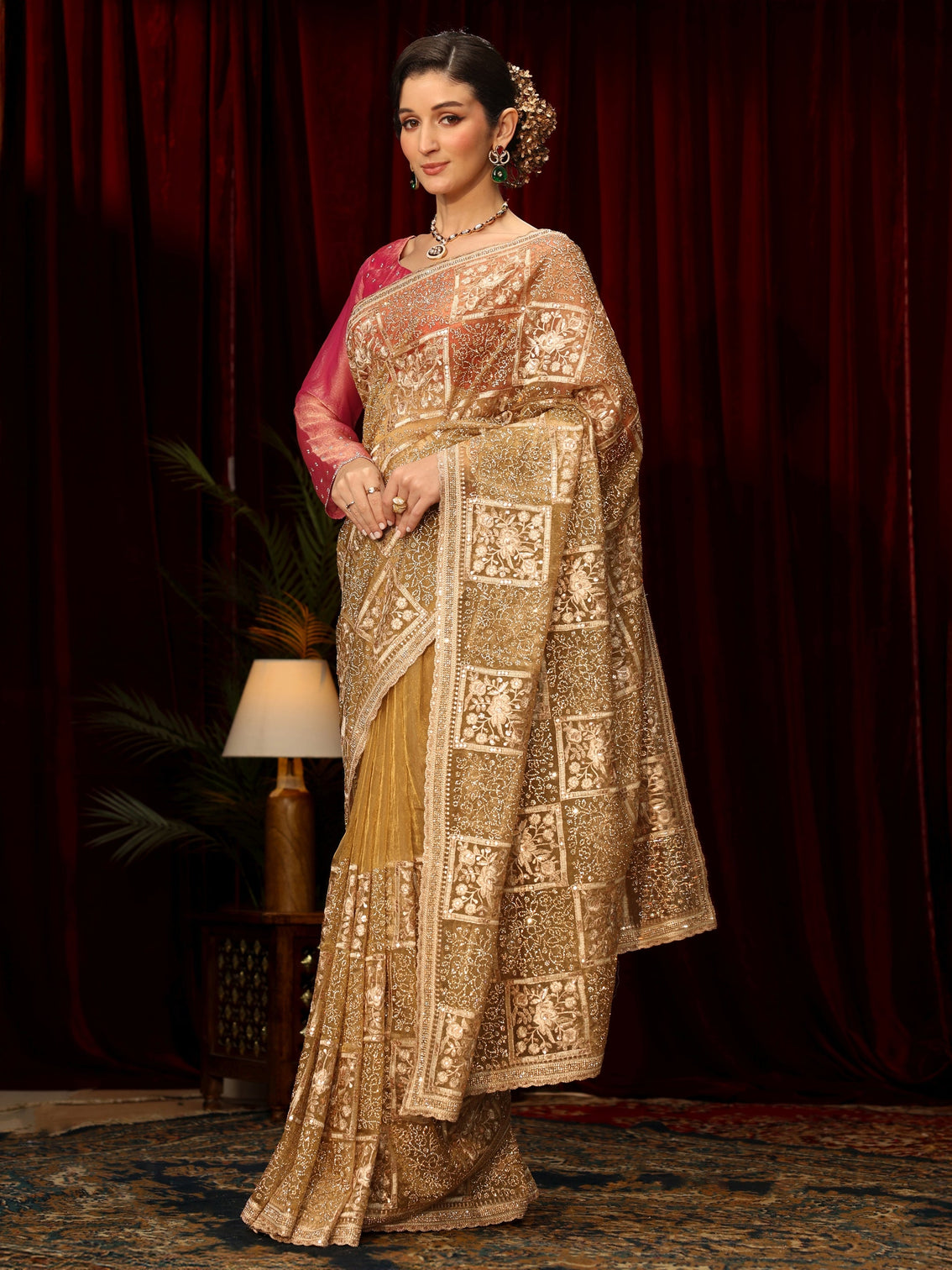 Mameraa Art Golden Floral Embellished Tissue Saree