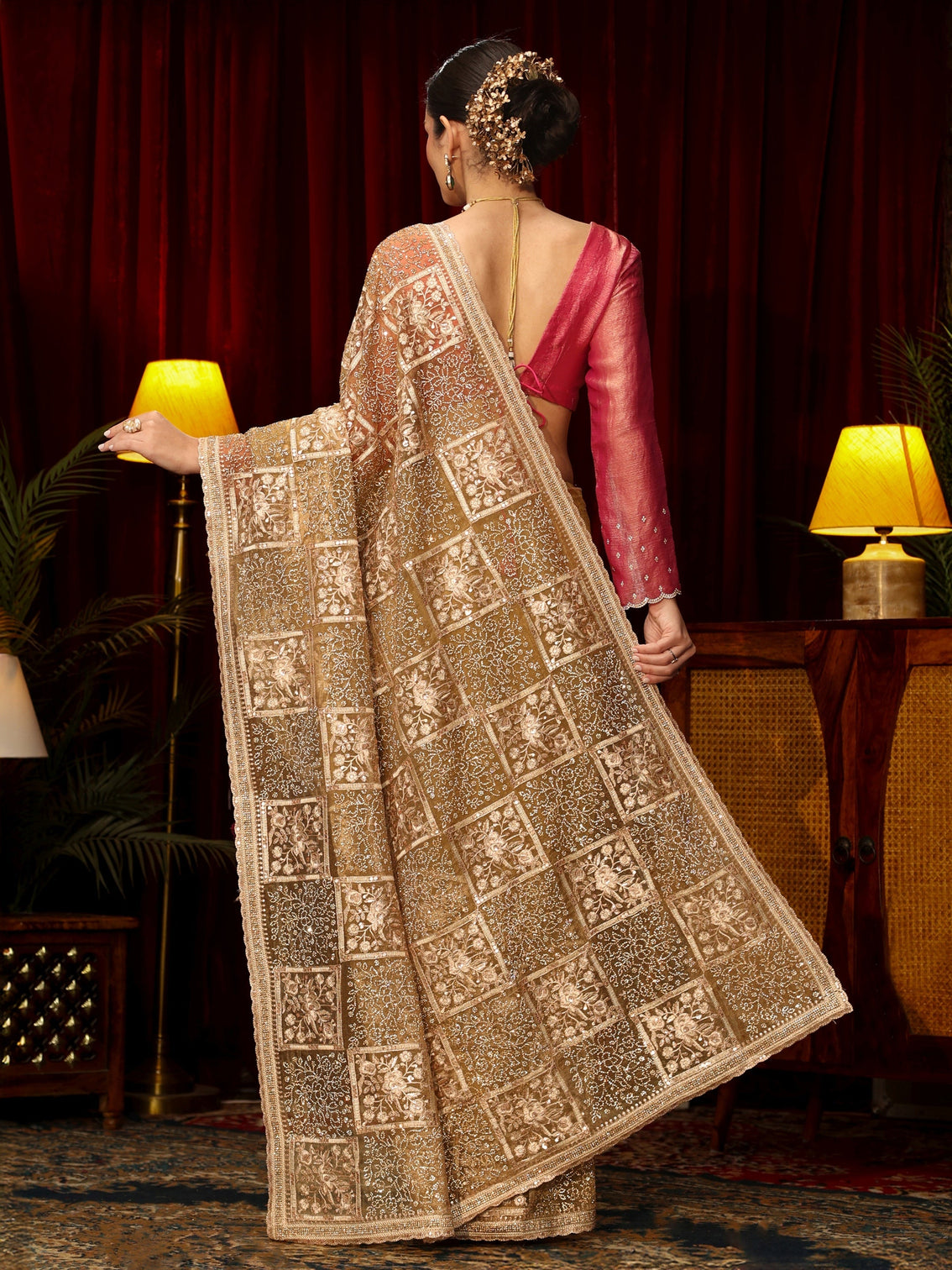Mameraa Art Golden Floral Embellished Tissue Saree