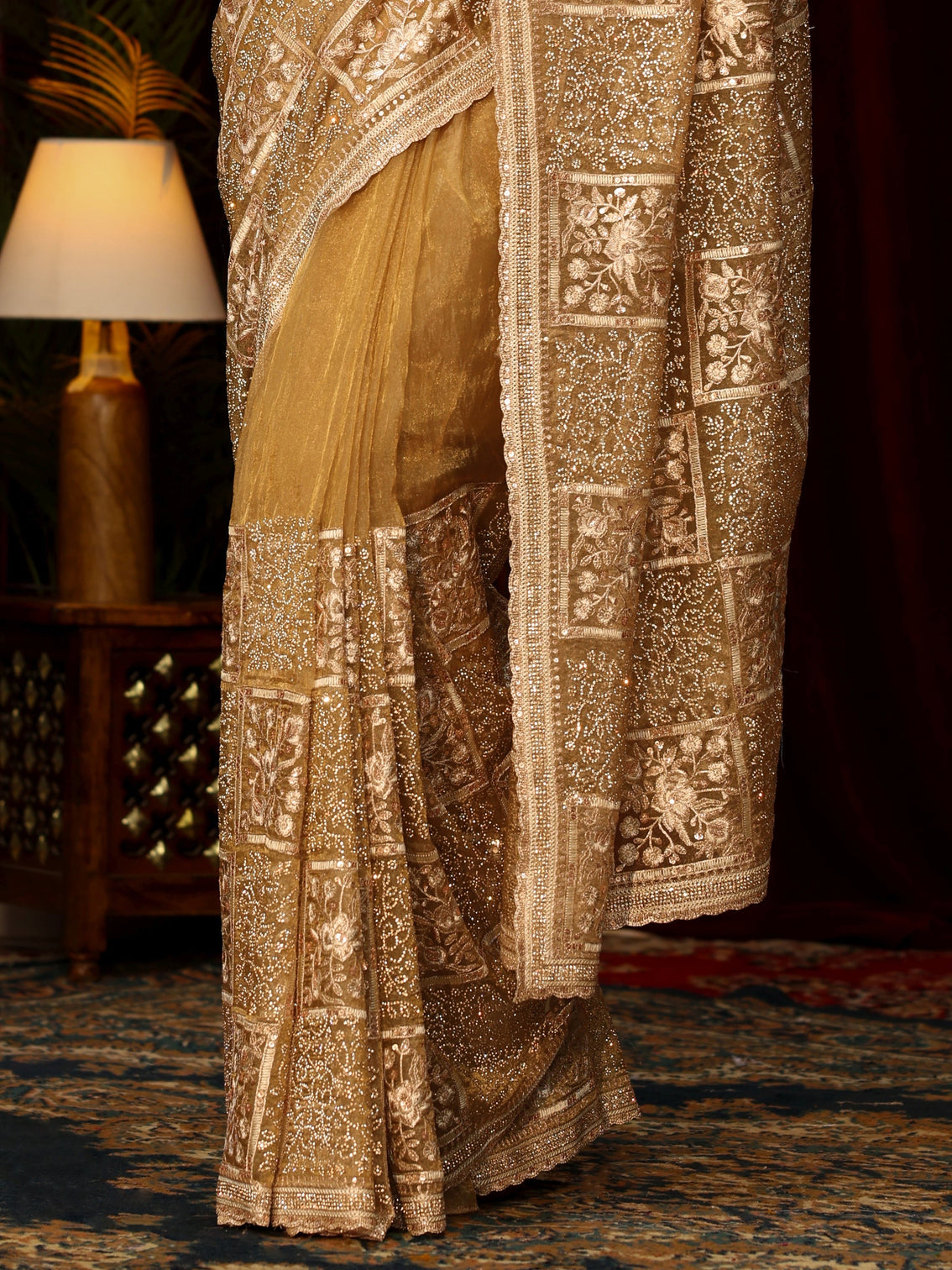Mameraa Art Golden Floral Embellished Tissue Saree