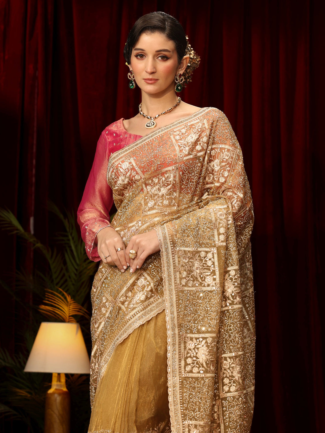 Mameraa Art Golden Floral Embellished Tissue Saree