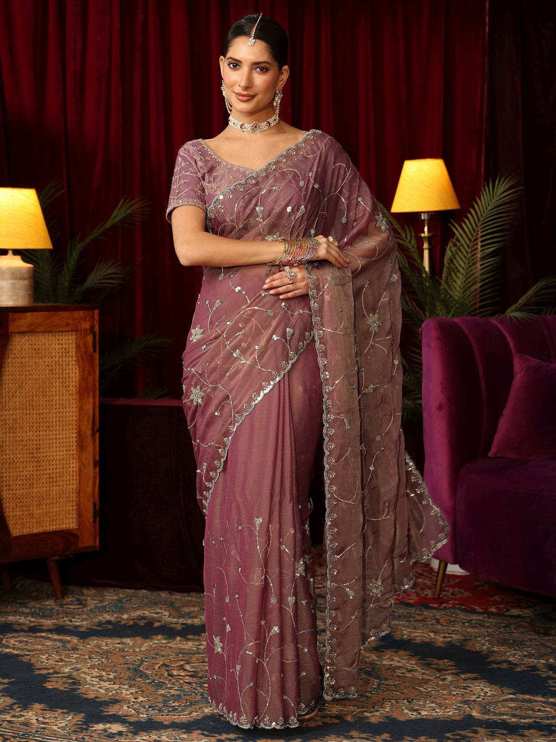 Mameraa Mauve Floral Embellished Chiffon Saree