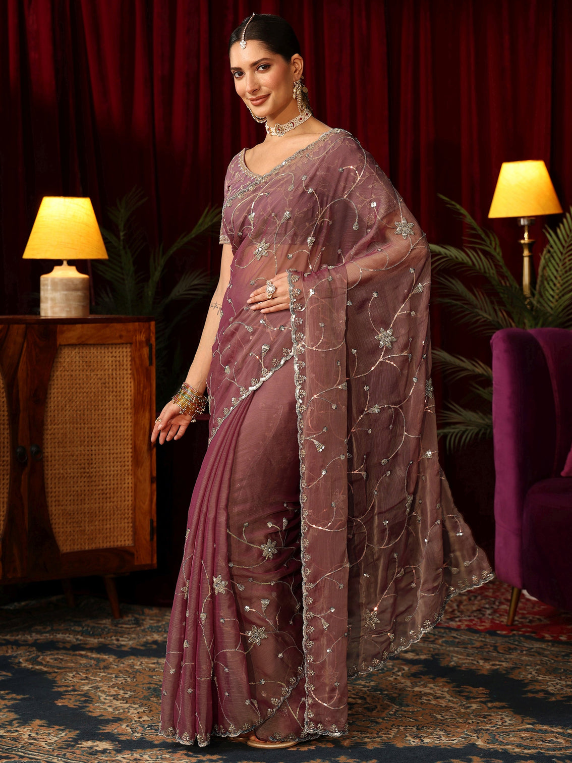 Mameraa Mauve Floral Embellished Chiffon Saree