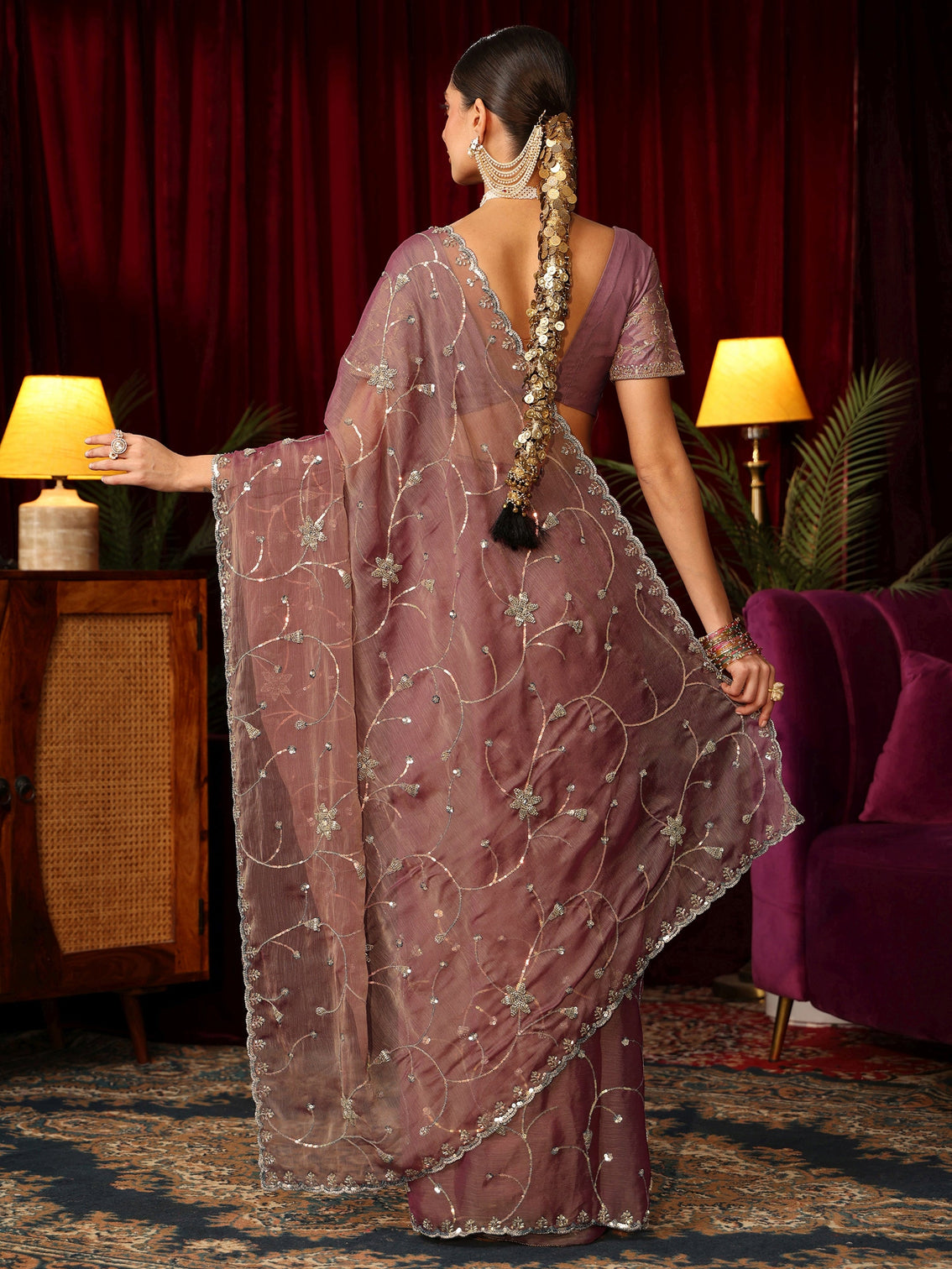 Mameraa Mauve Floral Embellished Chiffon Saree