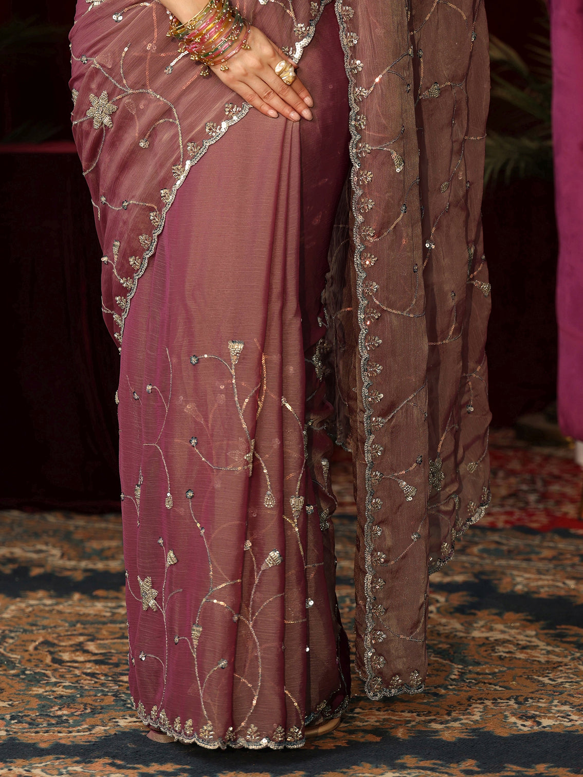 Mameraa Mauve Floral Embellished Chiffon Saree