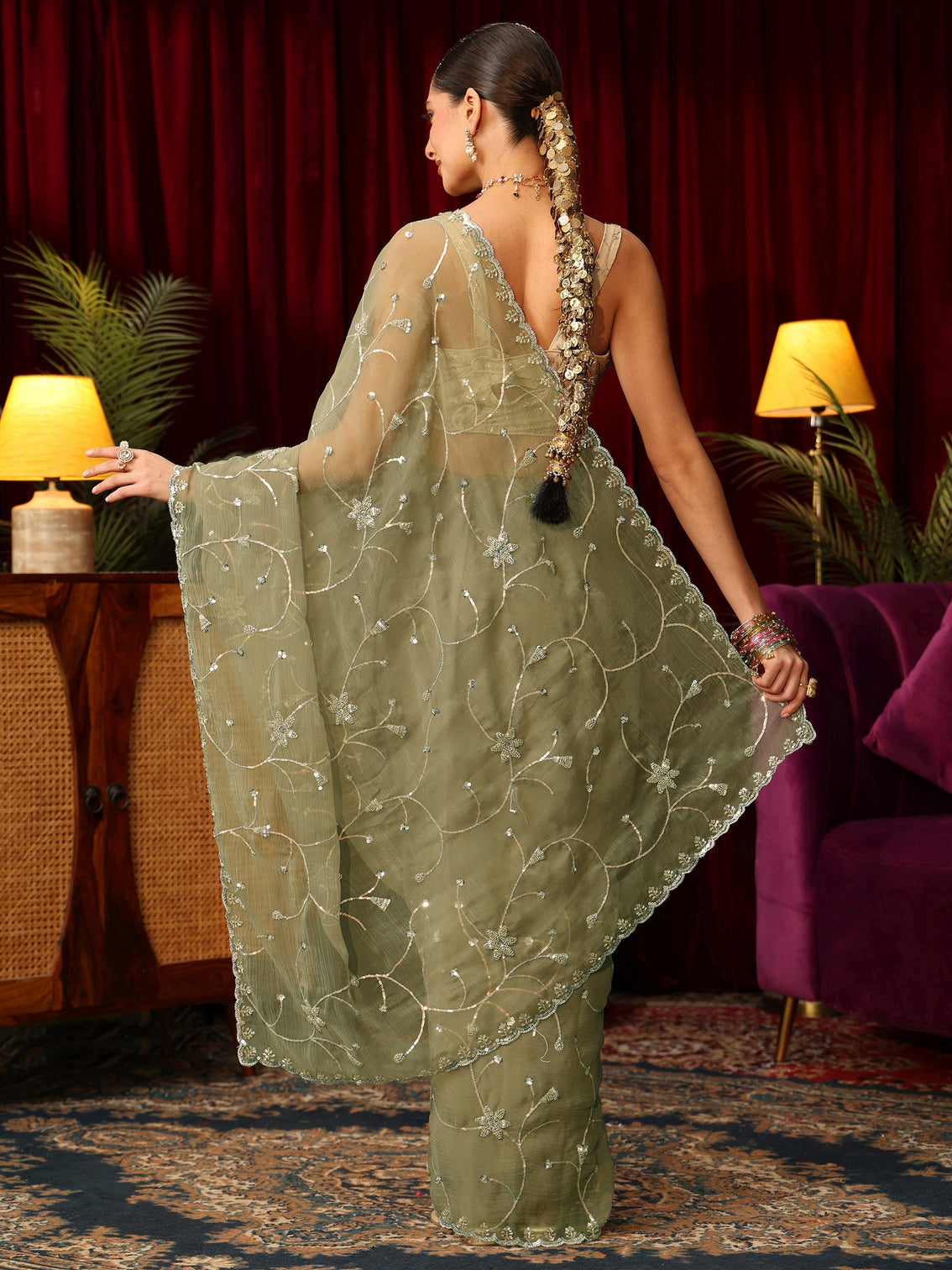 Mameraa Pista Green Floral Sequin Embellished Chiffon Saree