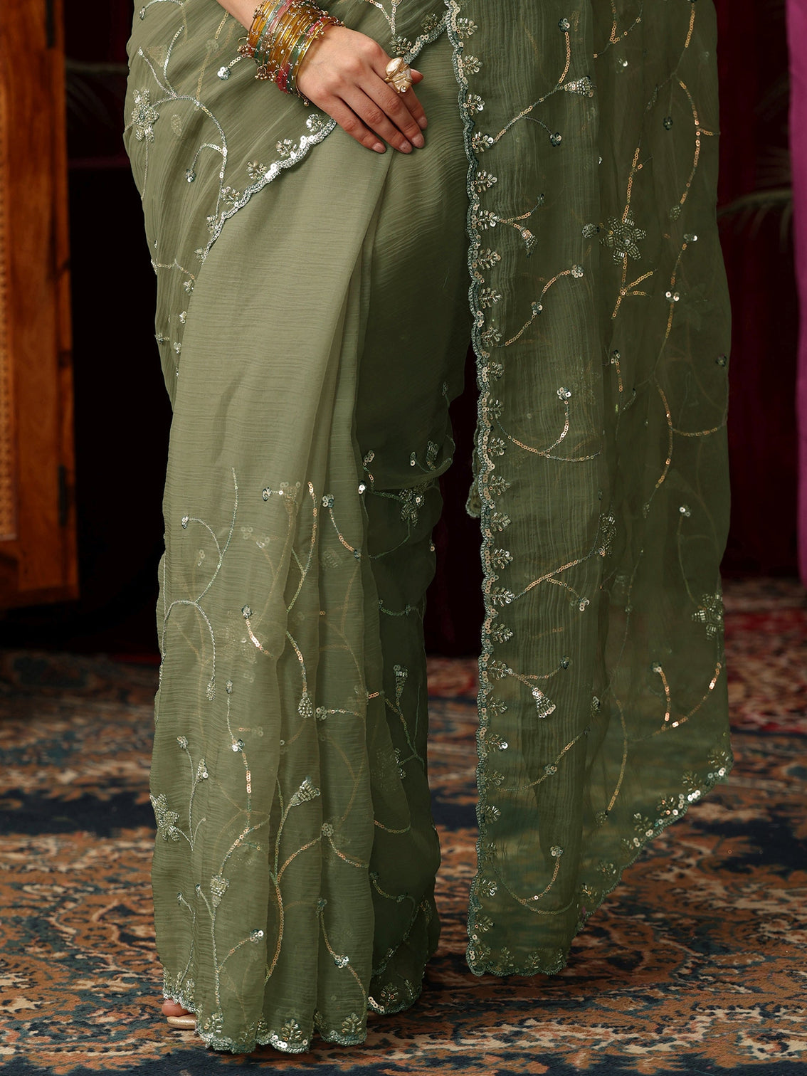 Mameraa Pista Green Floral Sequin Embellished Chiffon Saree