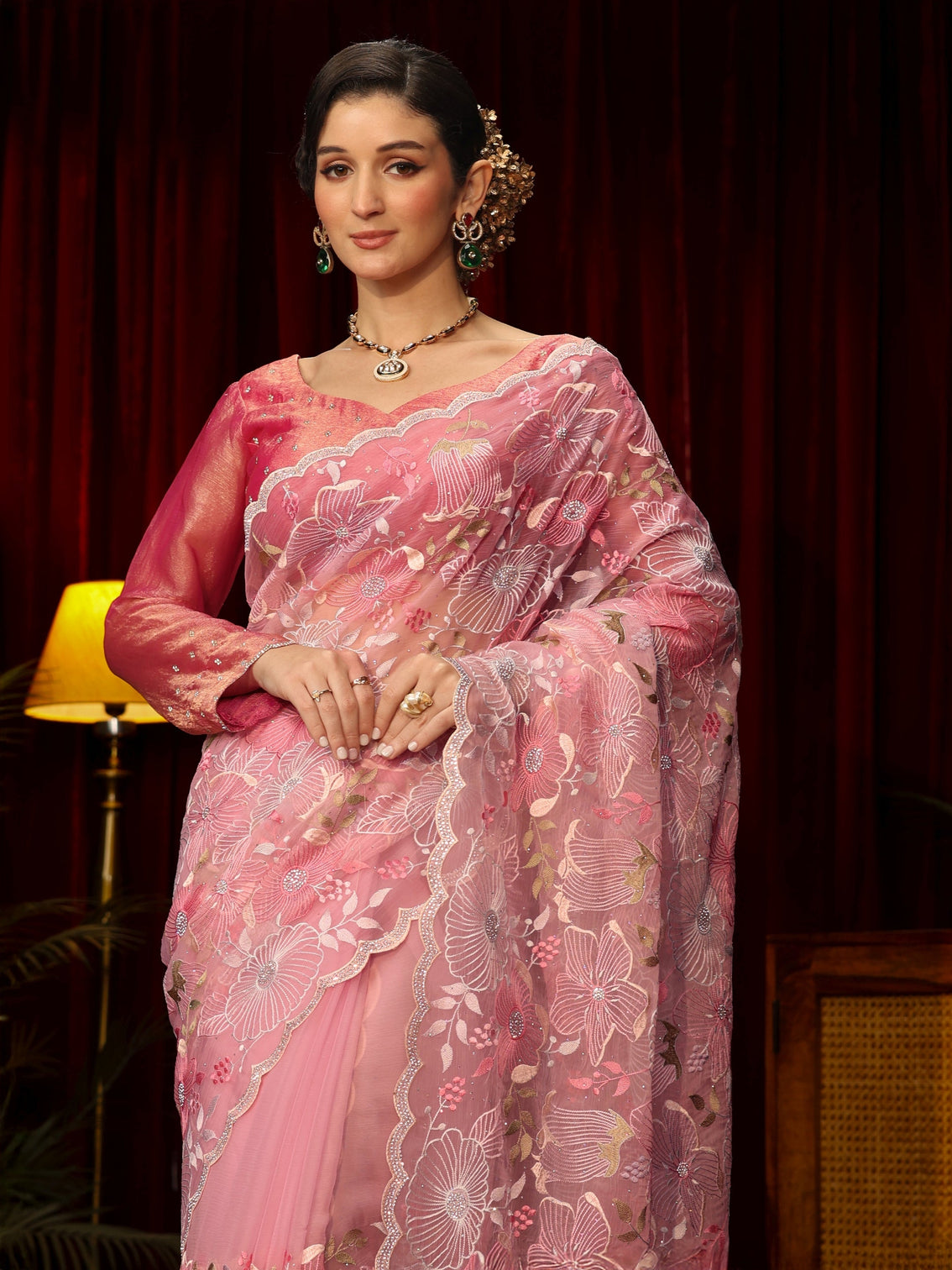 Mameraa Art Pink Floral Embroidered Tissue Saree