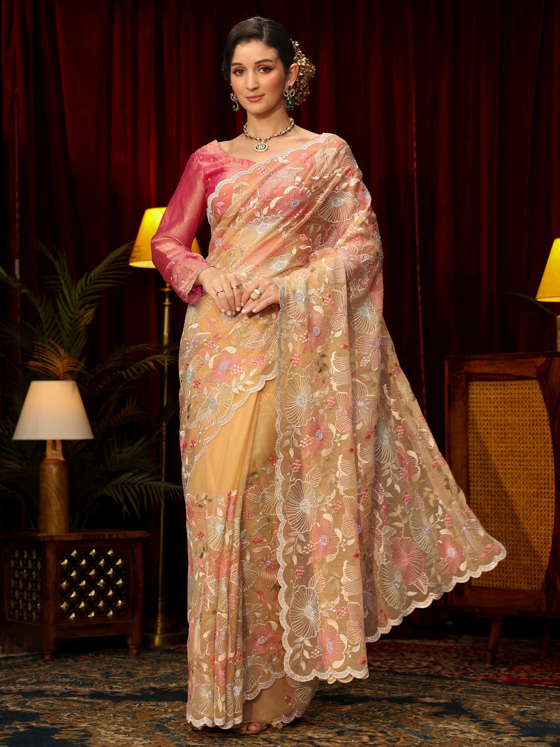 Mameraa Art Yellow Floral Embroidered Tissue Saree
