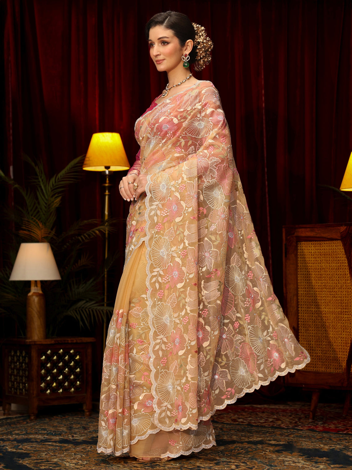 Mameraa Art Yellow Floral Embroidered Tissue Saree