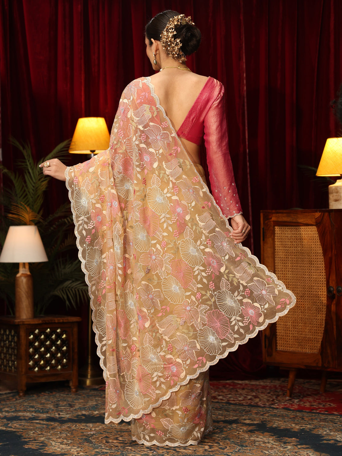 Mameraa Art Yellow Floral Embroidered Tissue Saree