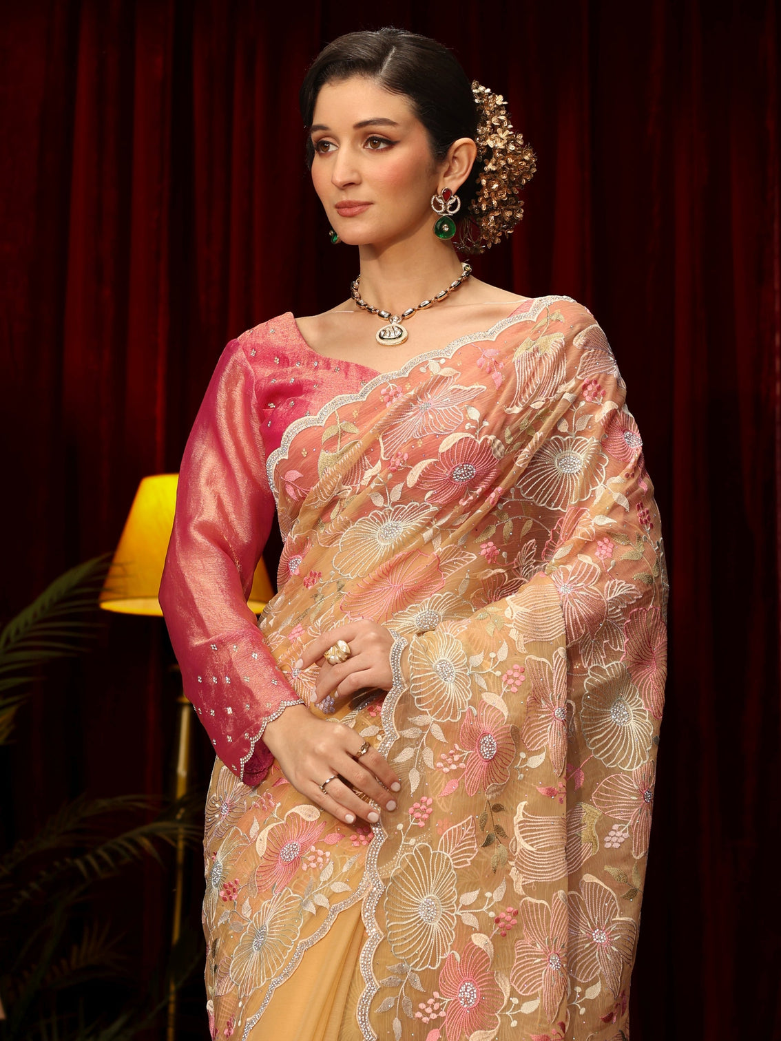 Mameraa Art Yellow Floral Embroidered Tissue Saree
