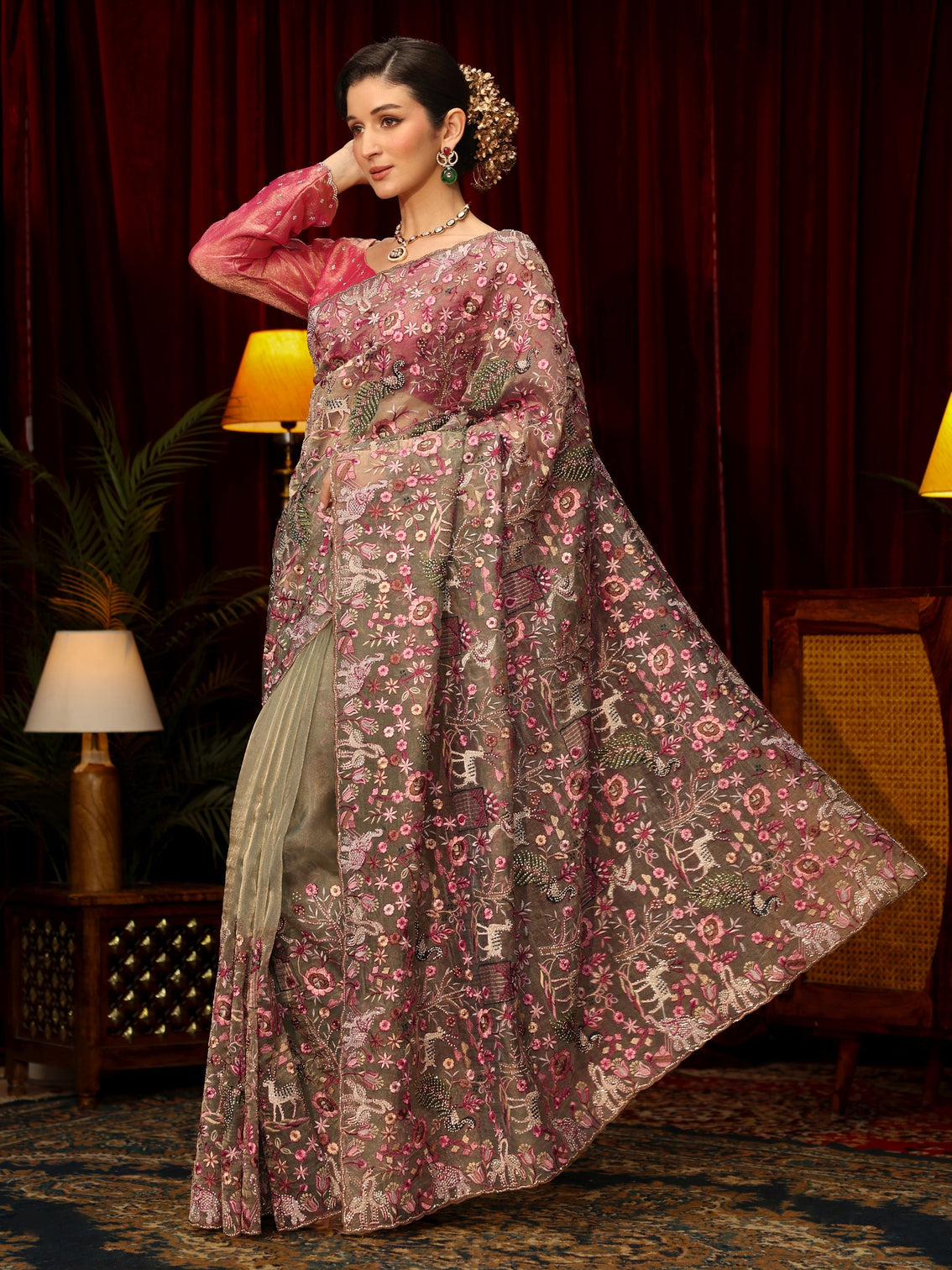 Mameraa Art Green Floral Embroidered Tissue Saree