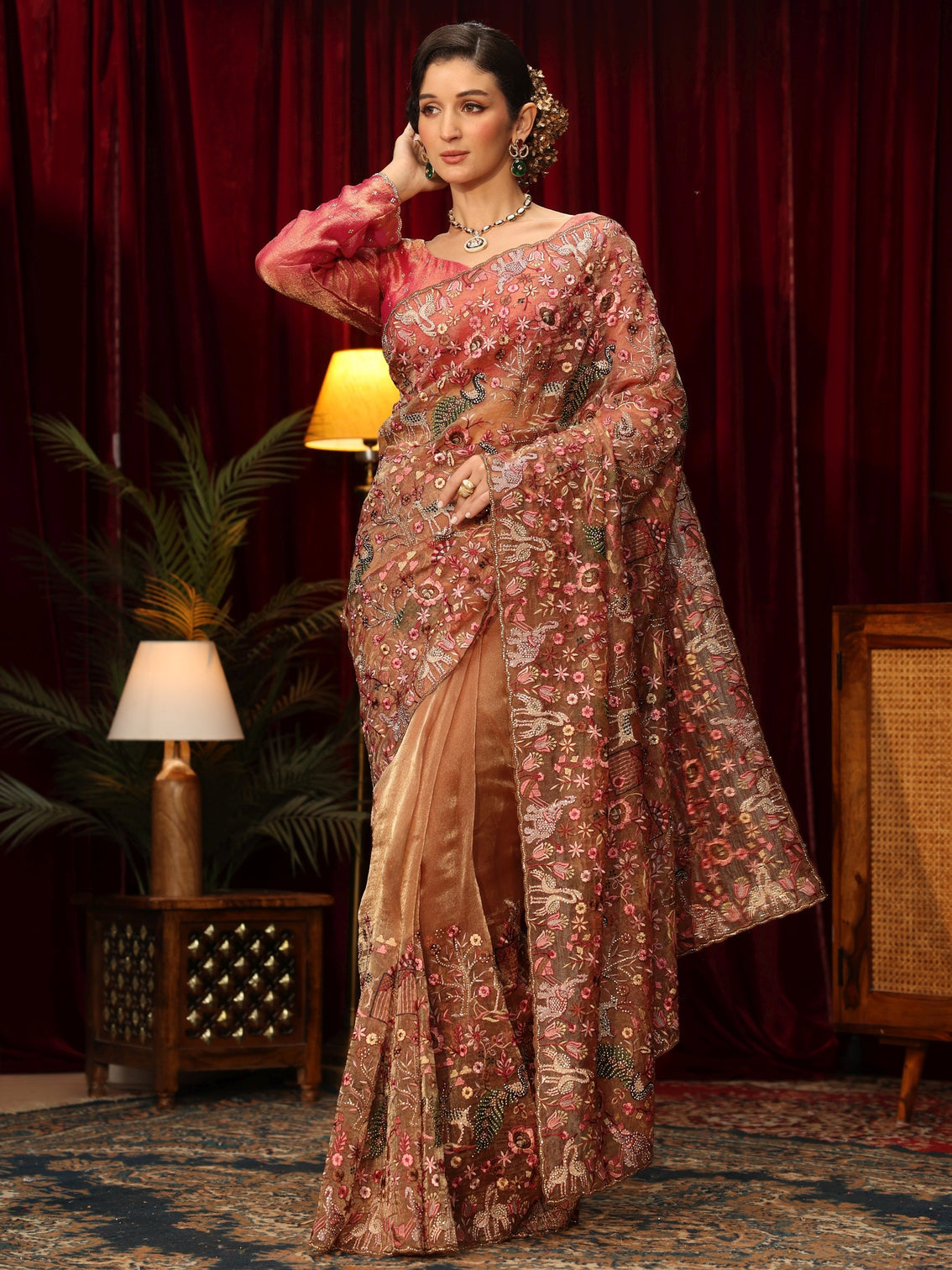 Mameraa Art Peach Floral Embroidered Tissue Saree