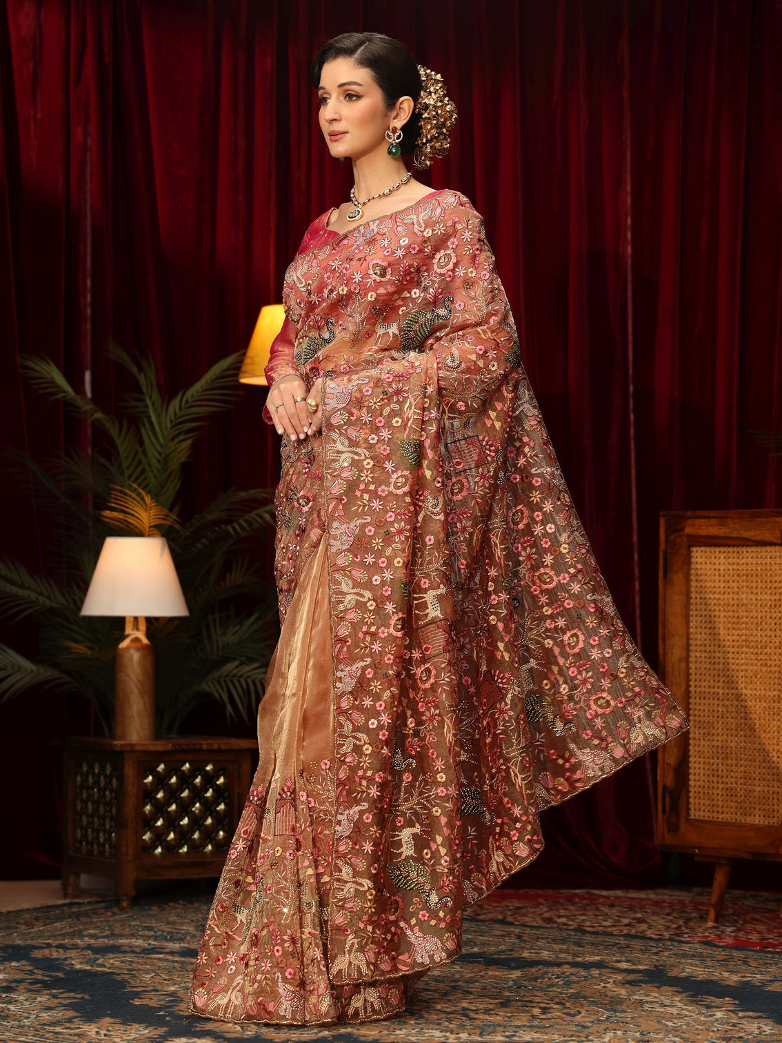 Mameraa Art Peach Floral Embroidered Tissue Saree