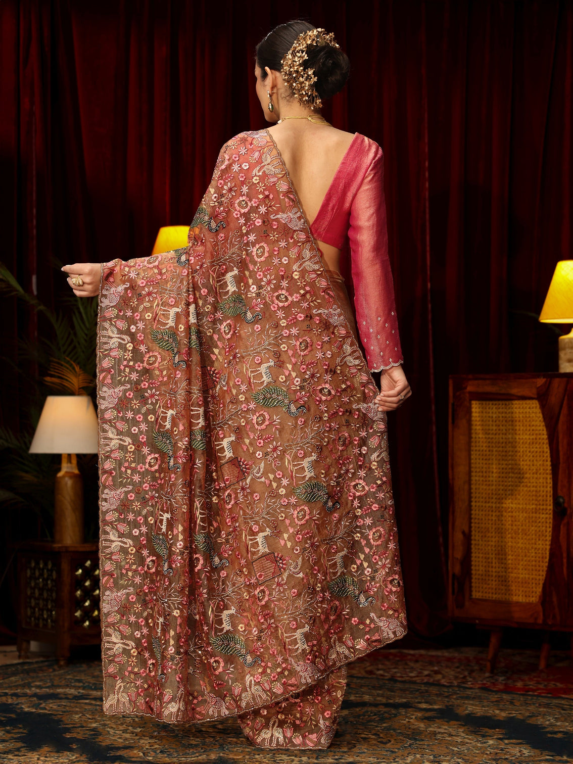 Mameraa Art Peach Floral Embroidered Tissue Saree