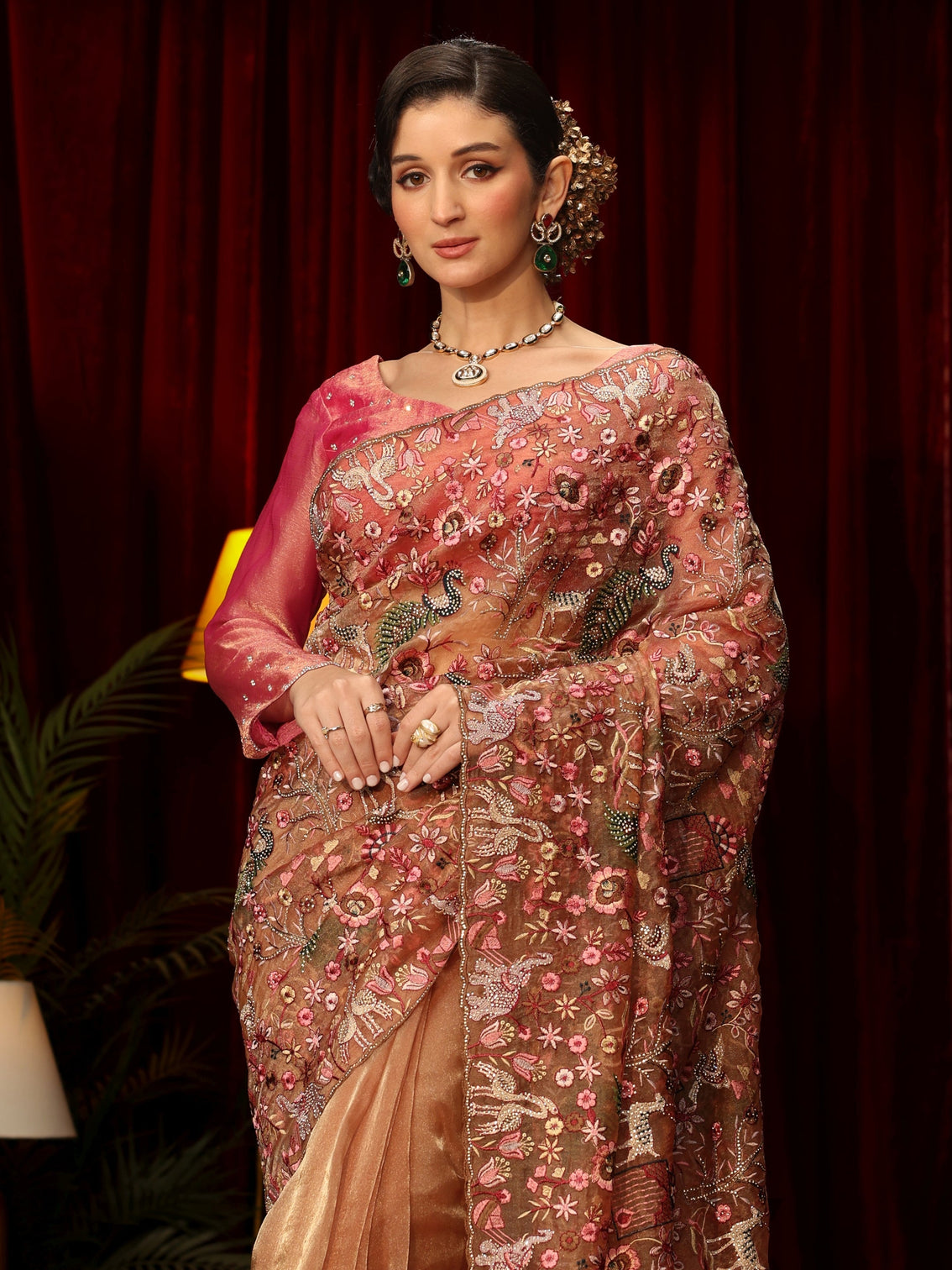 Mameraa Art Peach Floral Embroidered Tissue Saree