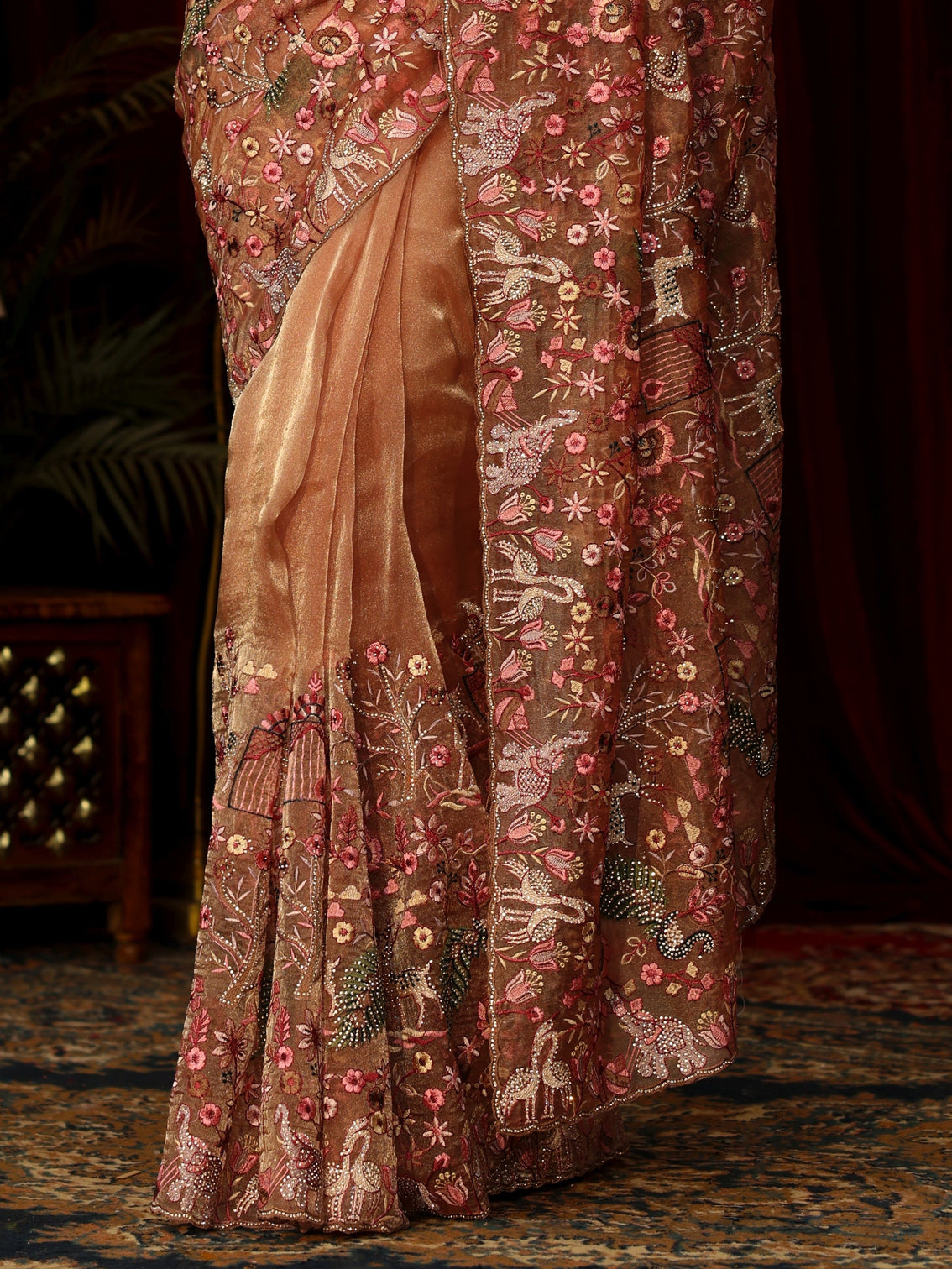 Mameraa Art Peach Floral Embroidered Tissue Saree