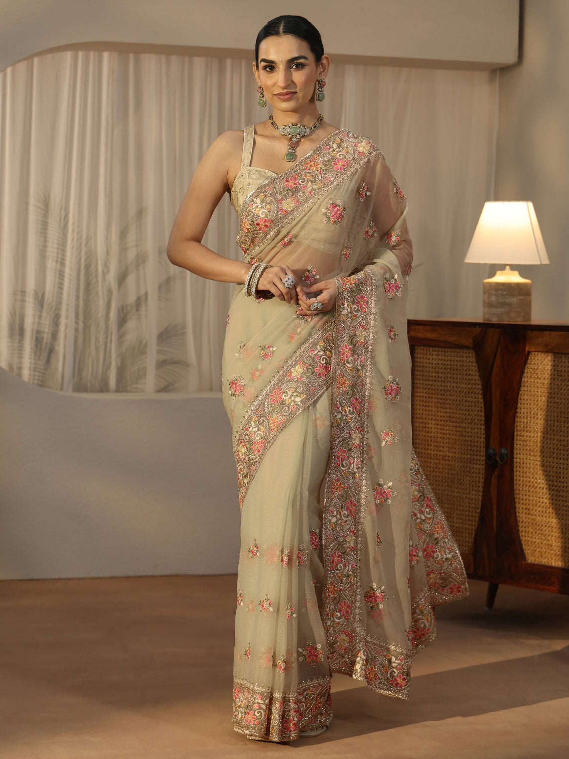 Mameraa Art Sage Green Embellished Tissue Saree