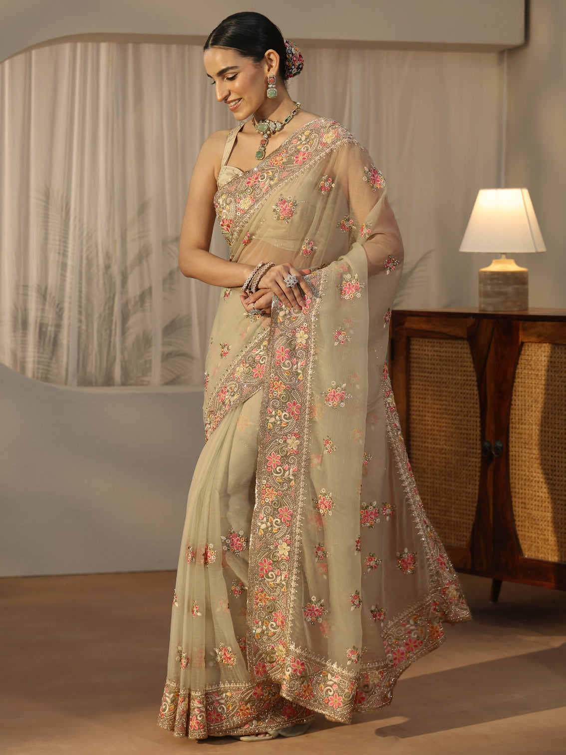 Mameraa Art Sage Green Embellished Tissue Saree