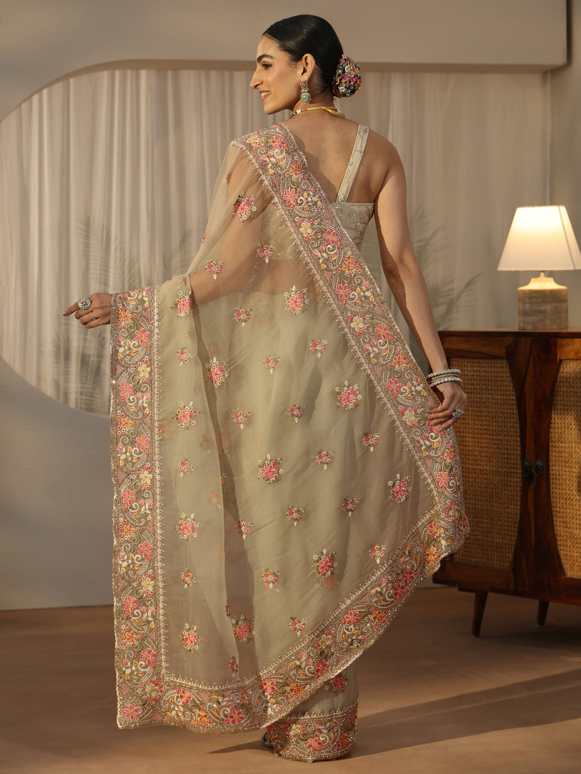 Mameraa Art Sage Green Embellished Tissue Saree