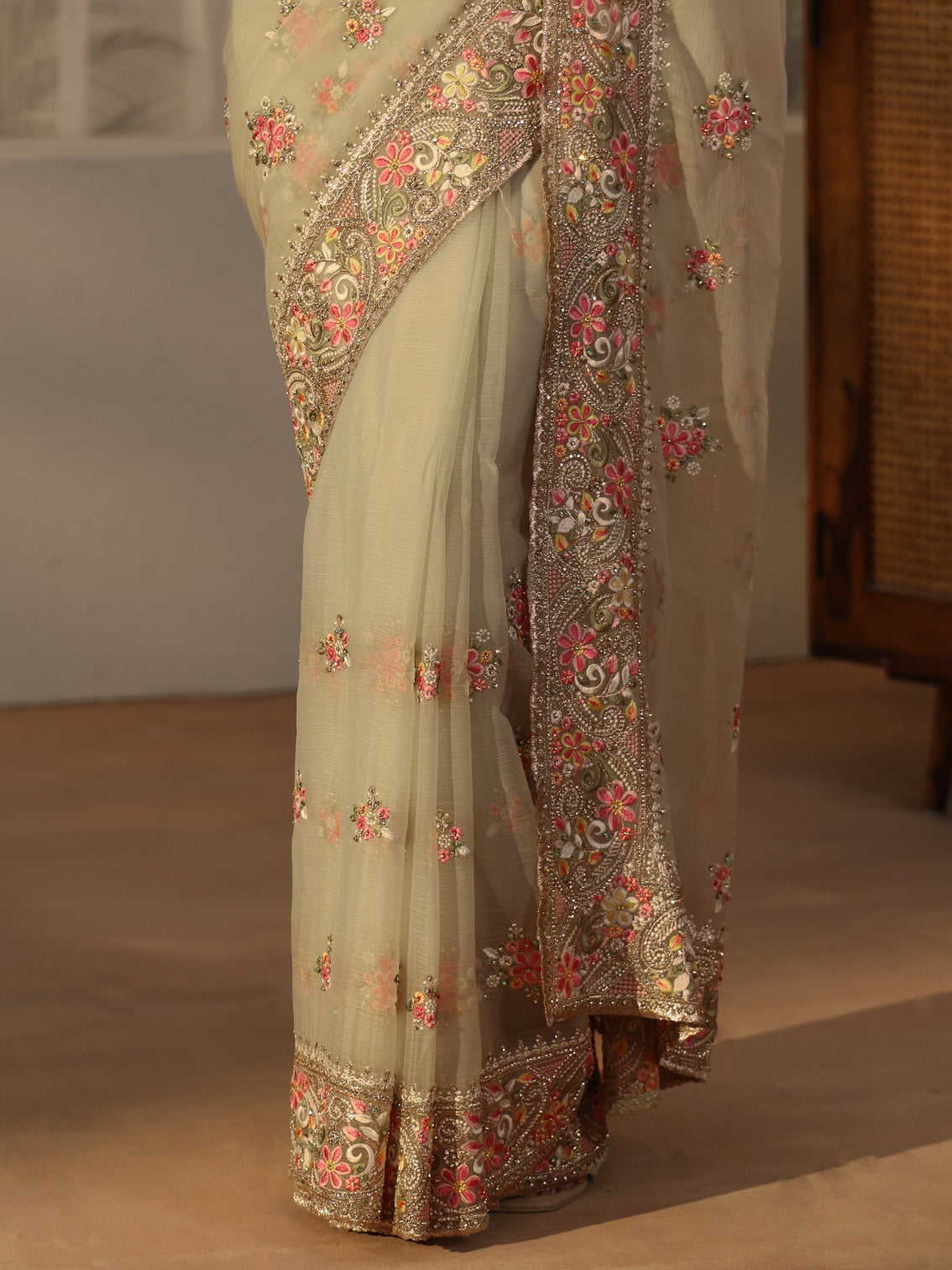 Mameraa Art Sage Green Embellished Tissue Saree