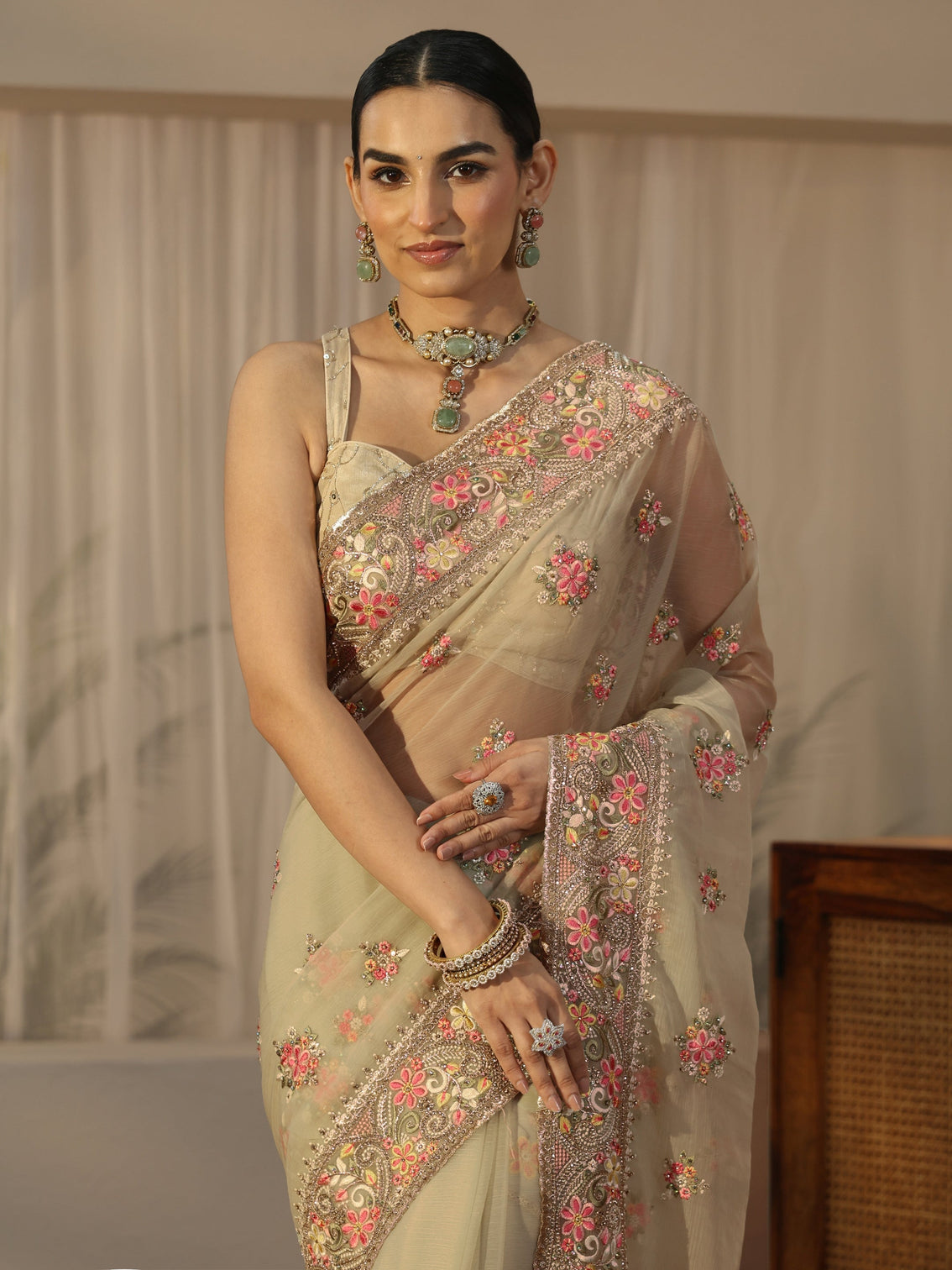 Mameraa Art Sage Green Embellished Tissue Saree