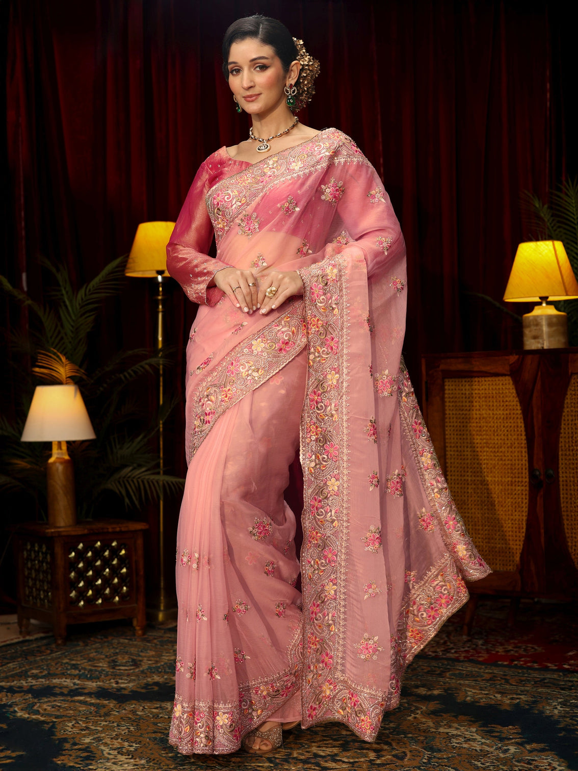 Mameraa Art Baby Pink Floral Embroidered Tissue Saree