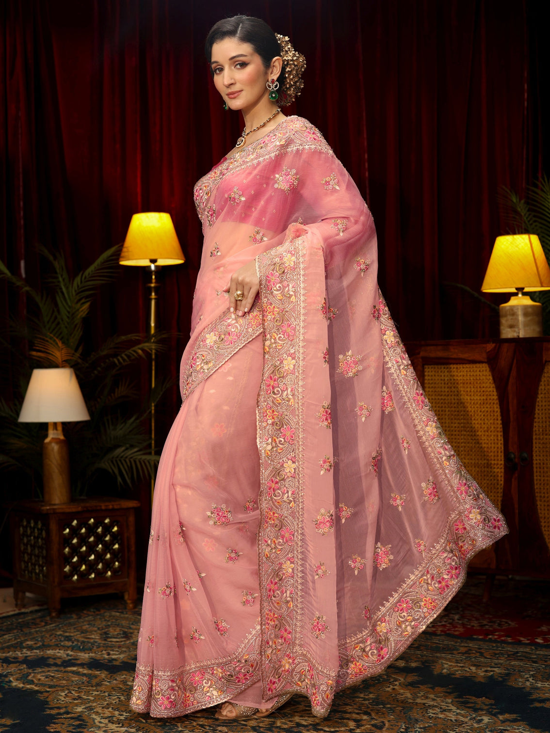 Mameraa Art Baby Pink Floral Embroidered Tissue Saree