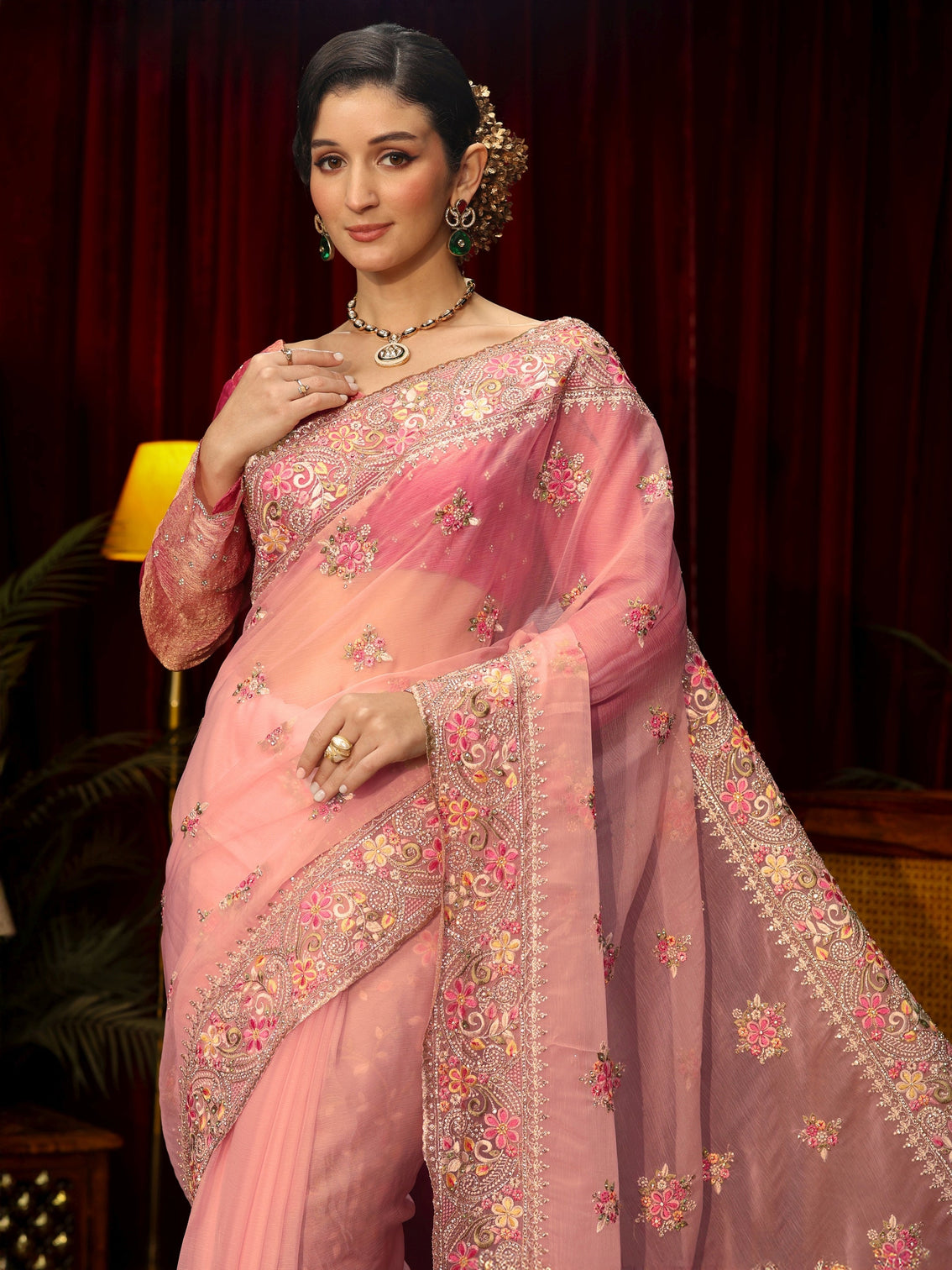 Mameraa Art Baby Pink Floral Embroidered Tissue Saree