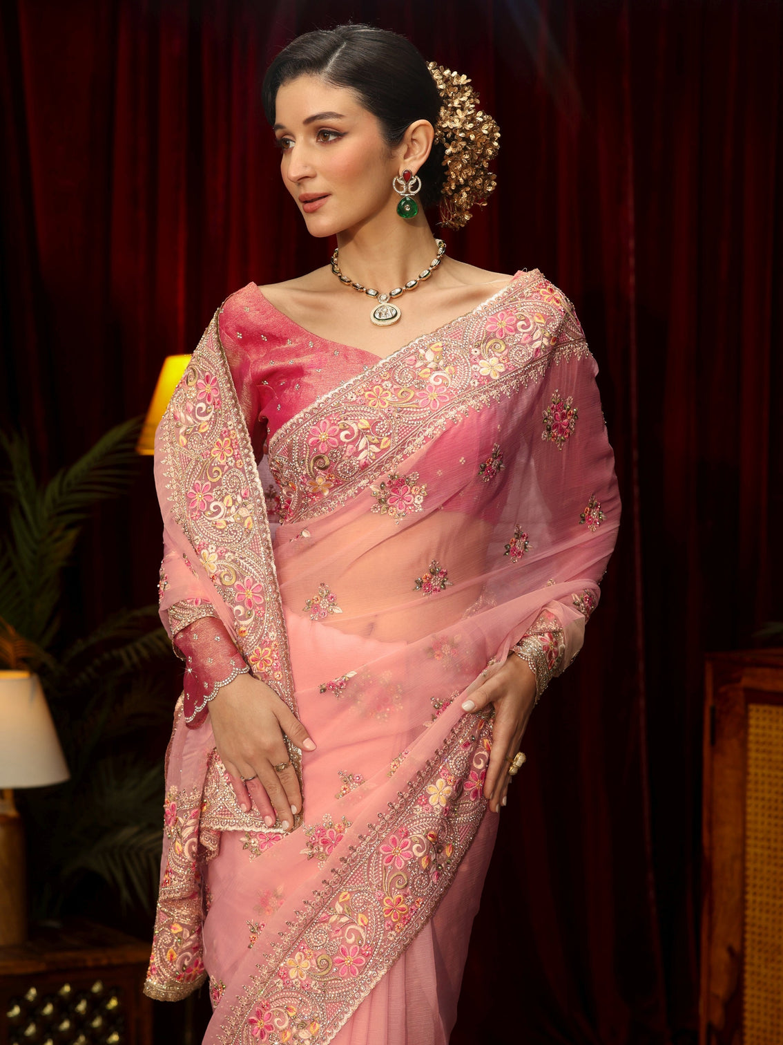 Mameraa Art Baby Pink Floral Embroidered Tissue Saree
