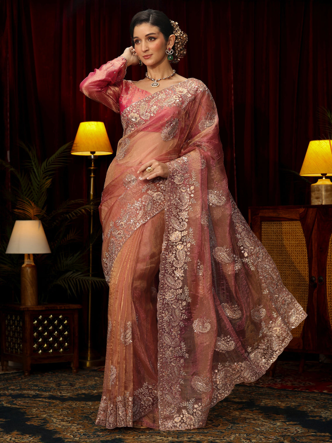 Mameraa Art Peach Paisley Sequin Embellished Tissue Saree