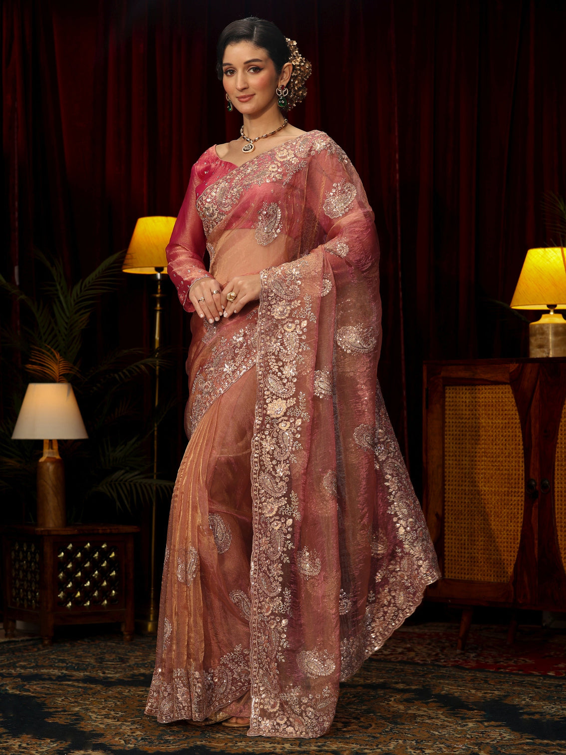 Mameraa Art Peach Paisley Sequin Embellished Tissue Saree