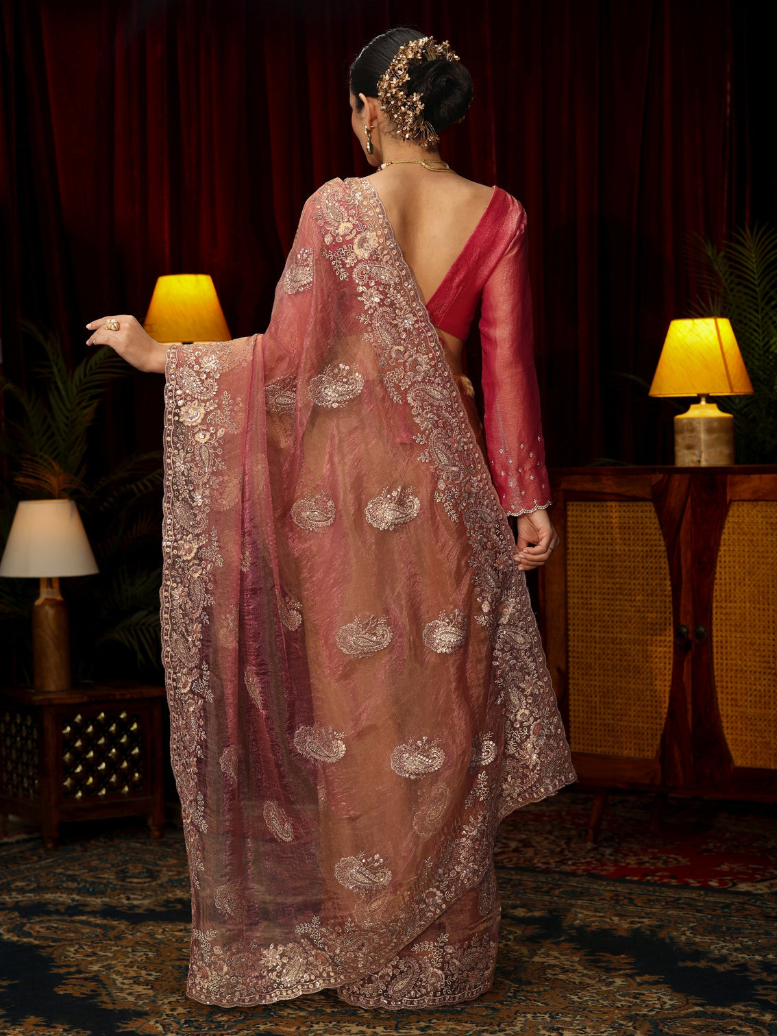 Mameraa Art Peach Paisley Sequin Embellished Tissue Saree