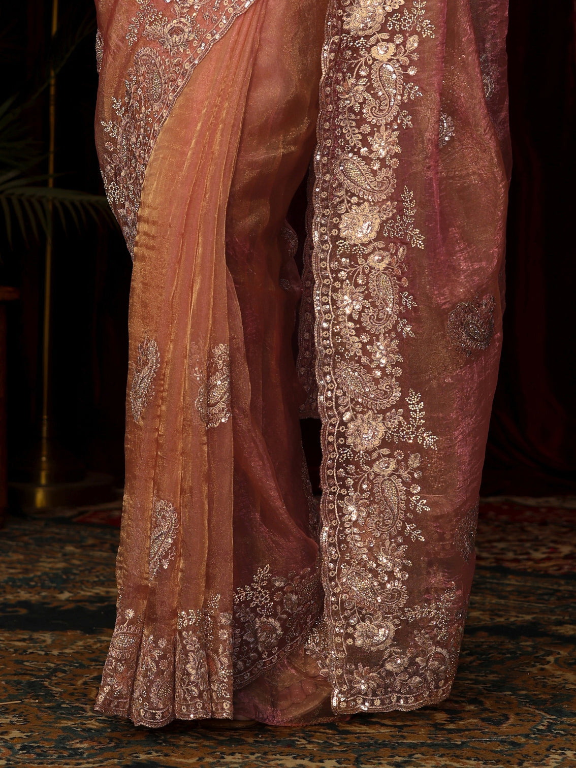Mameraa Art Peach Paisley Sequin Embellished Tissue Saree