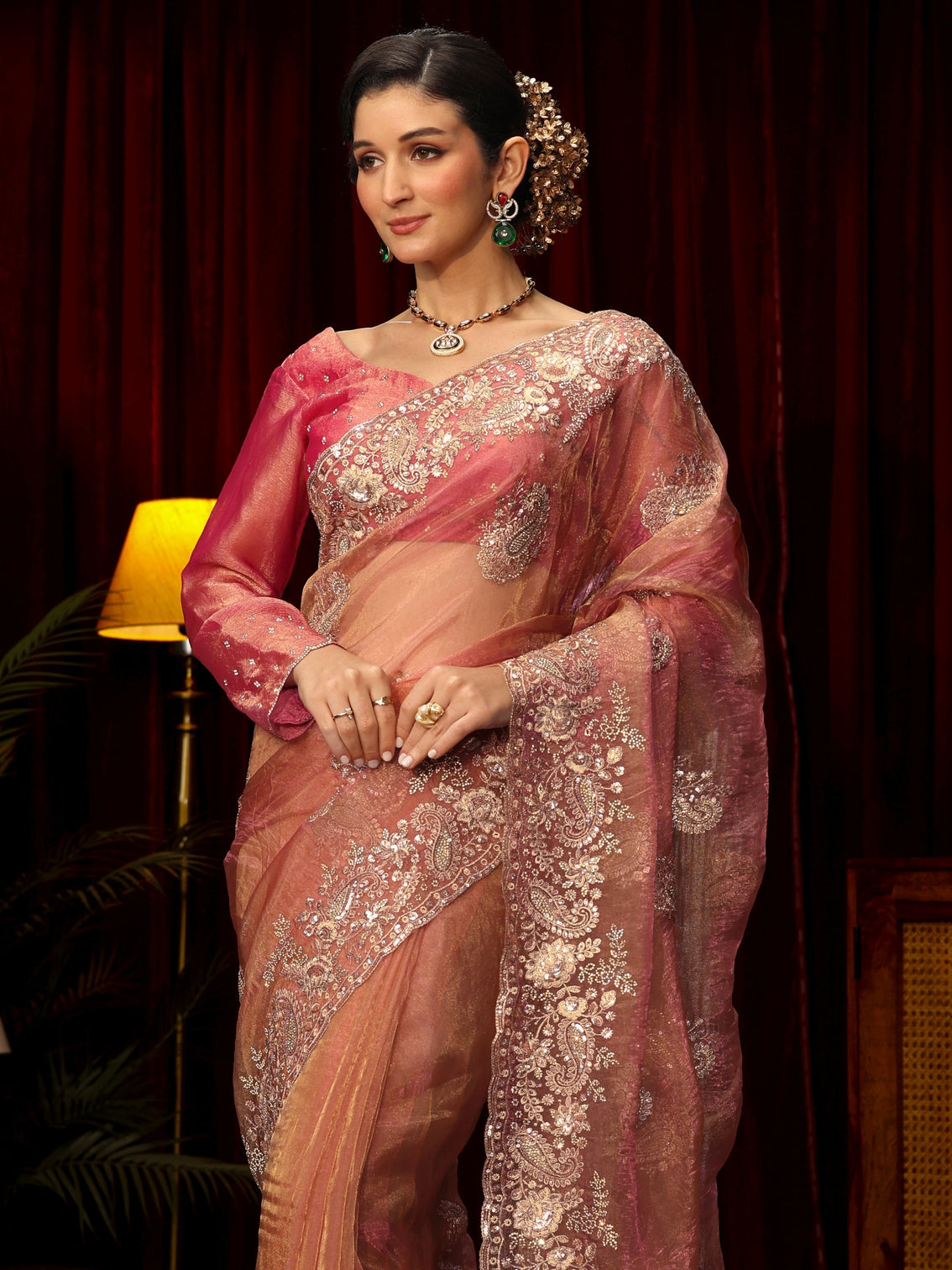 Mameraa Art Peach Paisley Sequin Embellished Tissue Saree