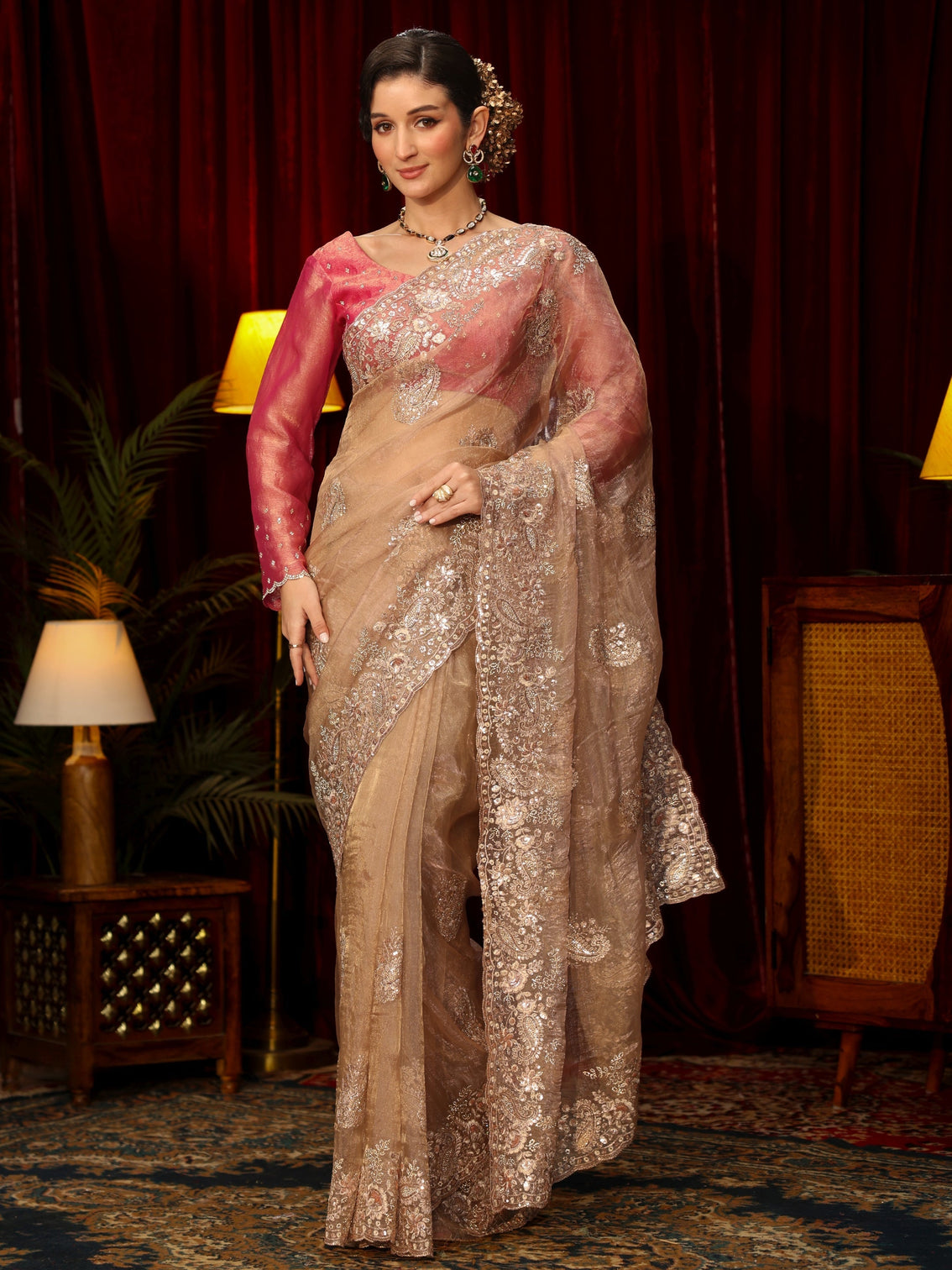 Mameraa Art Taupe Paisley Sequin Embellished Tissue Saree