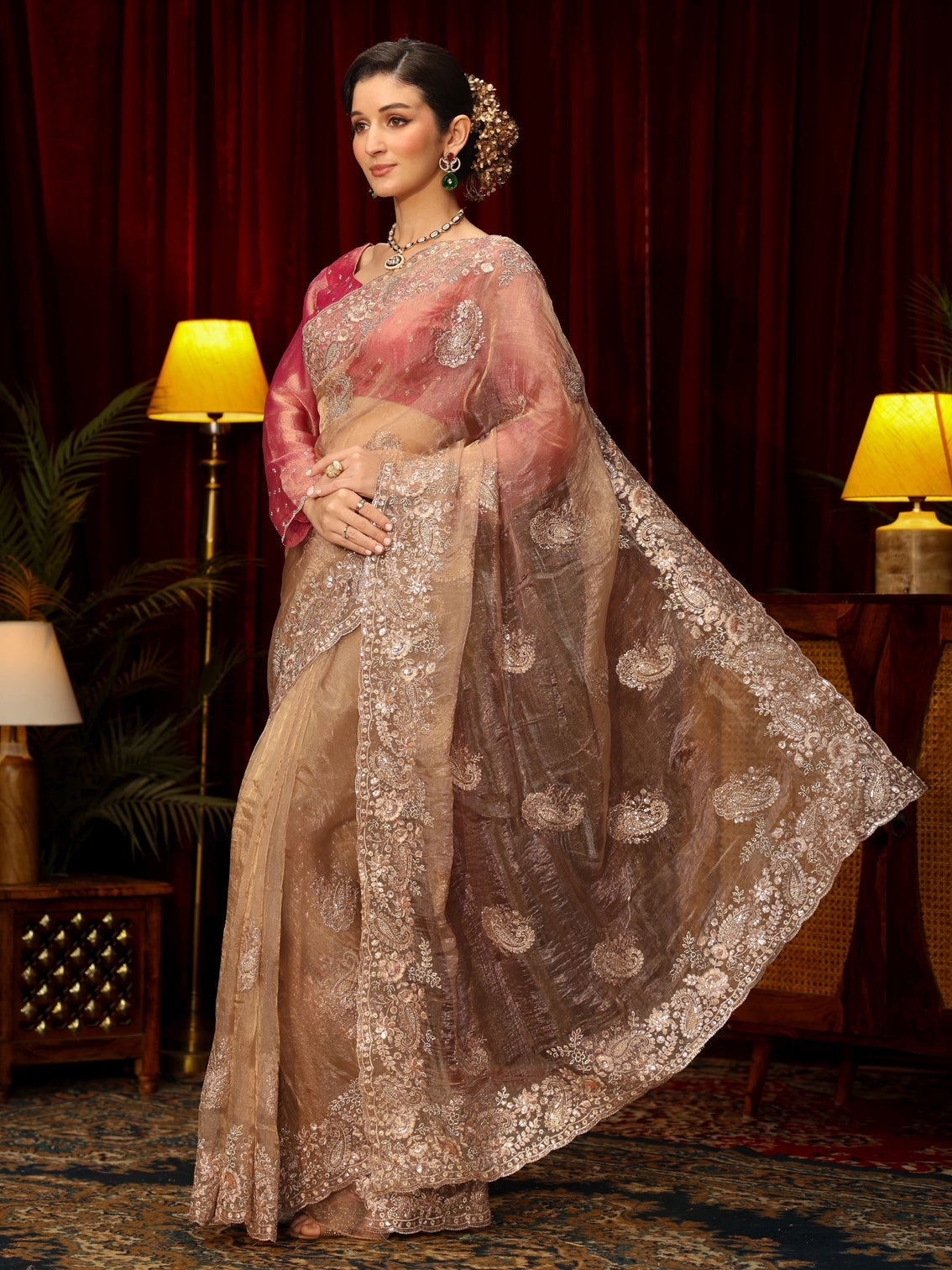 Mameraa Art Taupe Paisley Sequin Embellished Tissue Saree