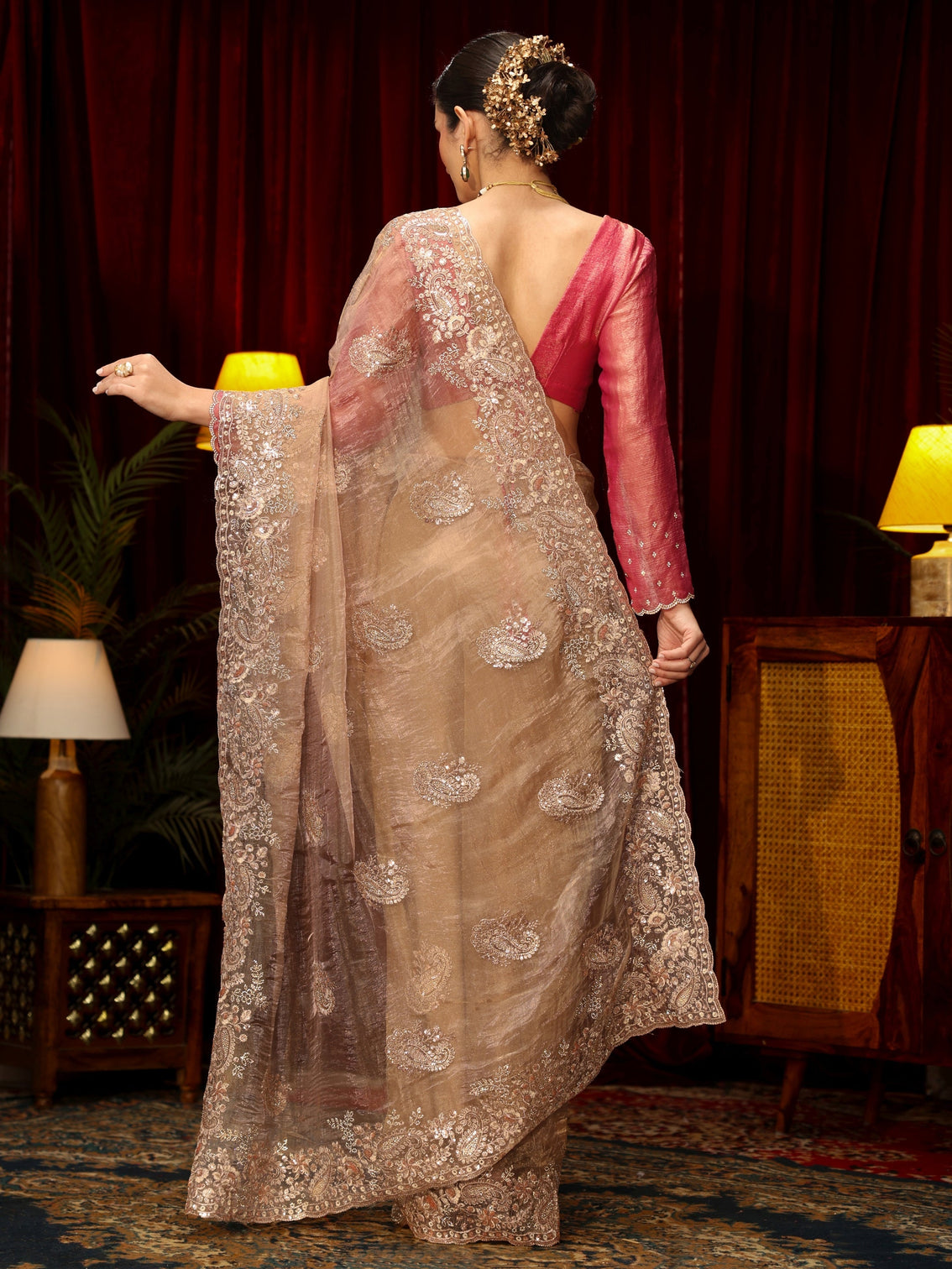 Mameraa Art Taupe Paisley Sequin Embellished Tissue Saree