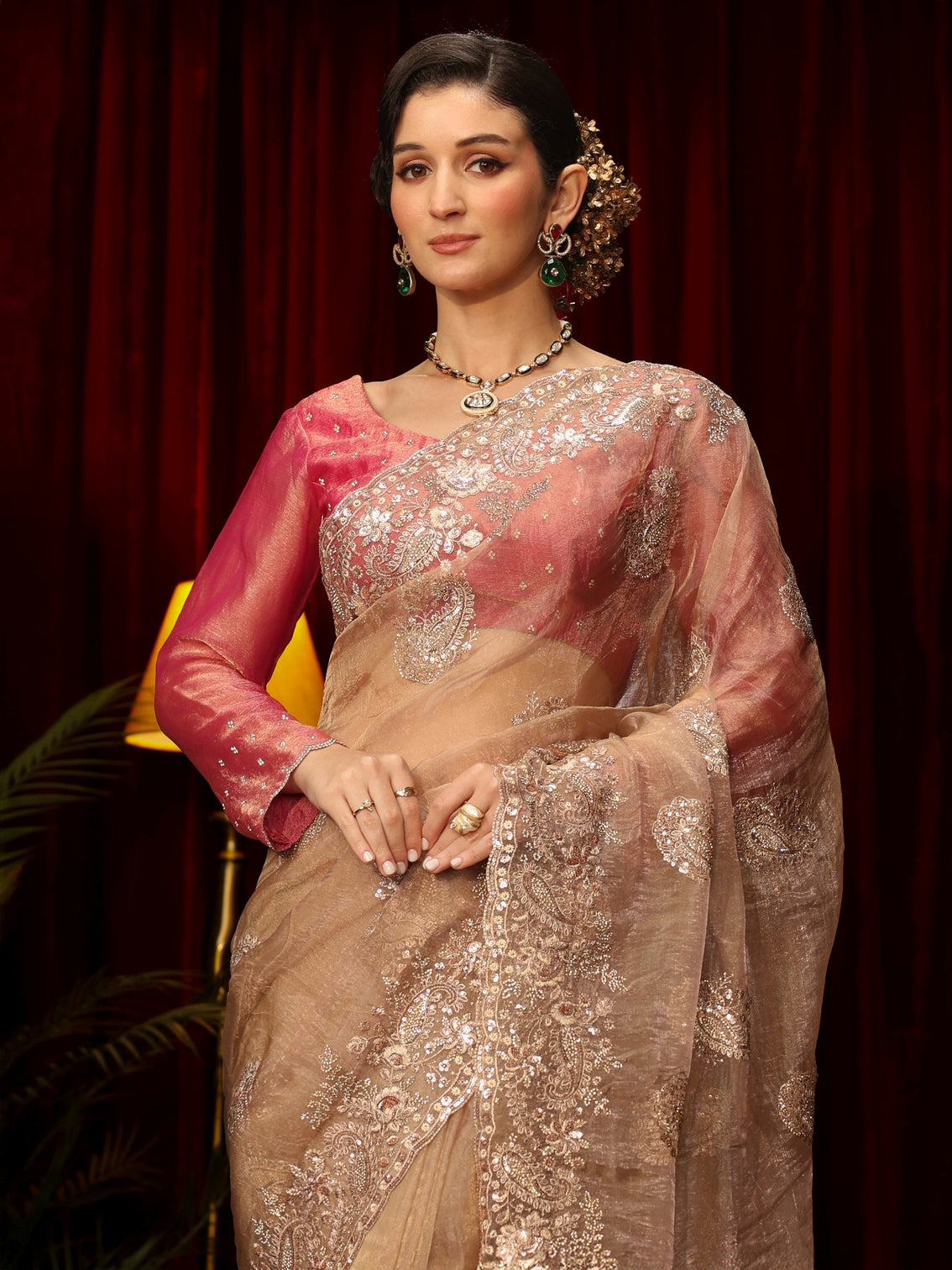 Mameraa Art Taupe Paisley Sequin Embellished Tissue Saree