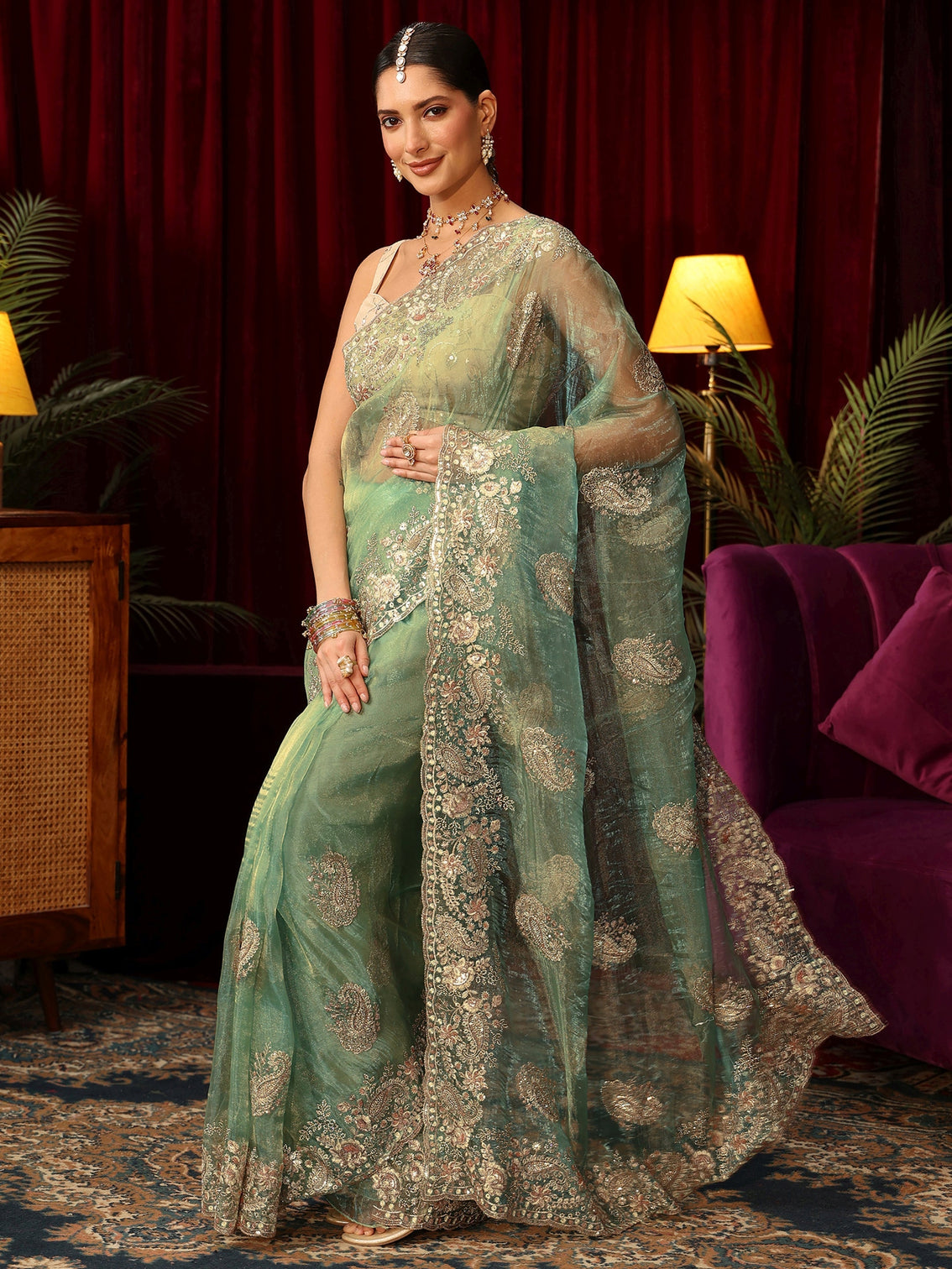 Mameraa Art Sage Green Paisley Embellished Tissue Saree