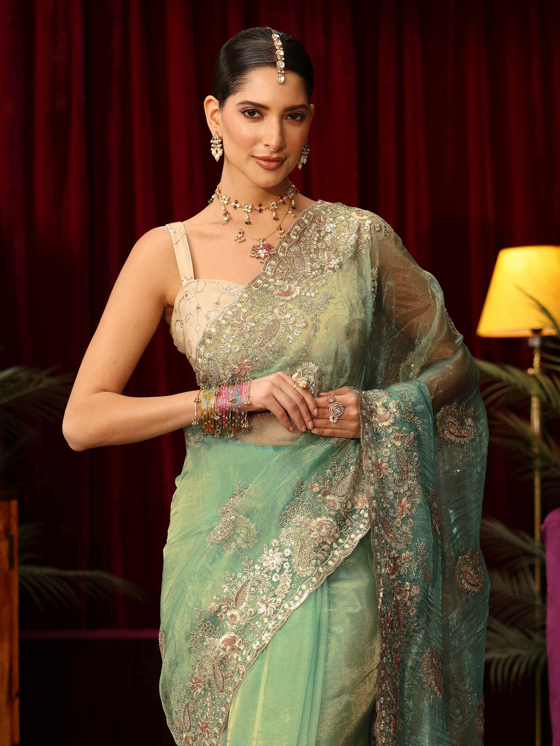 Mameraa Art Sage Green Paisley Embellished Tissue Saree