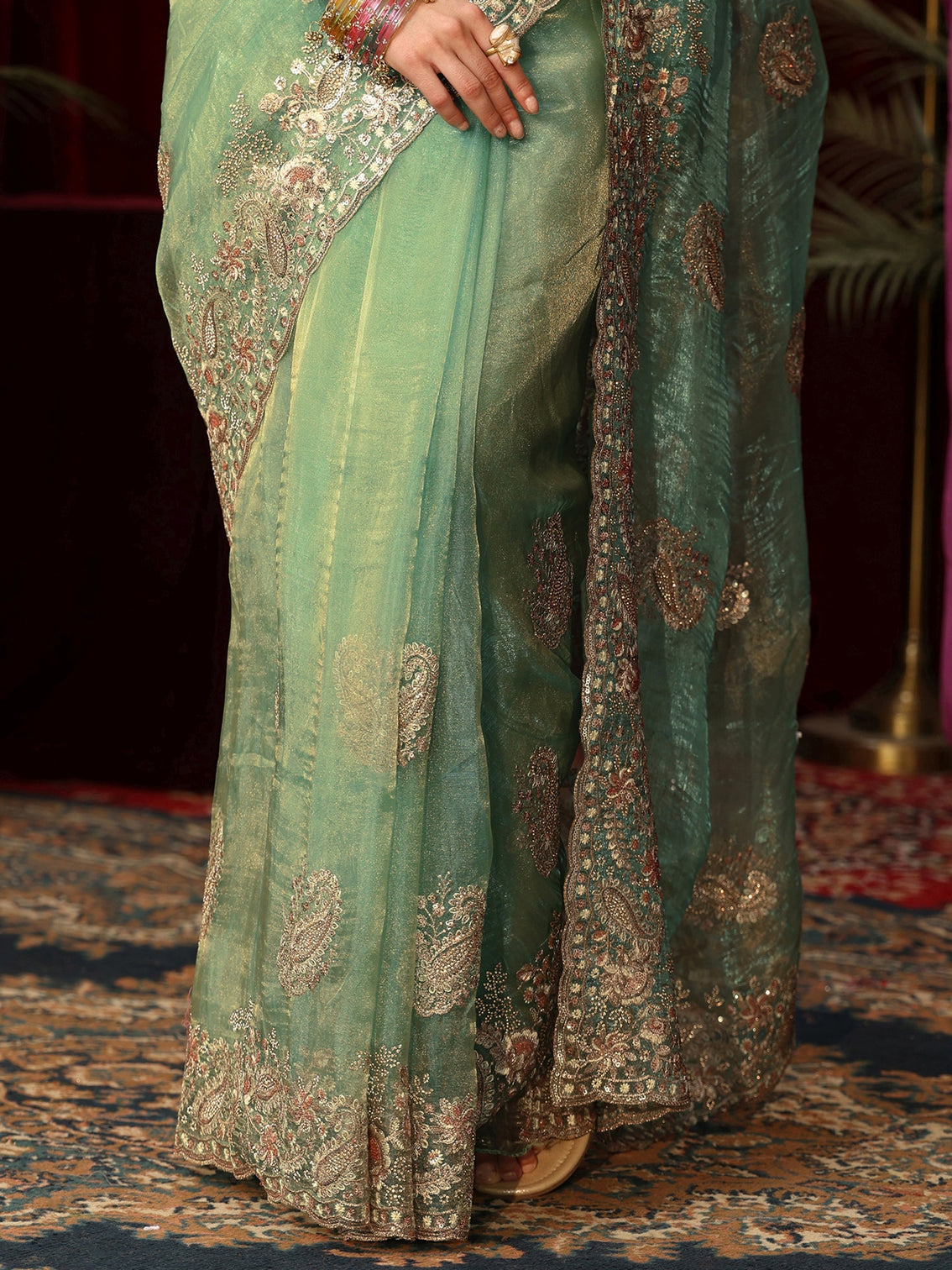 Mameraa Art Sage Green Paisley Embellished Tissue Saree