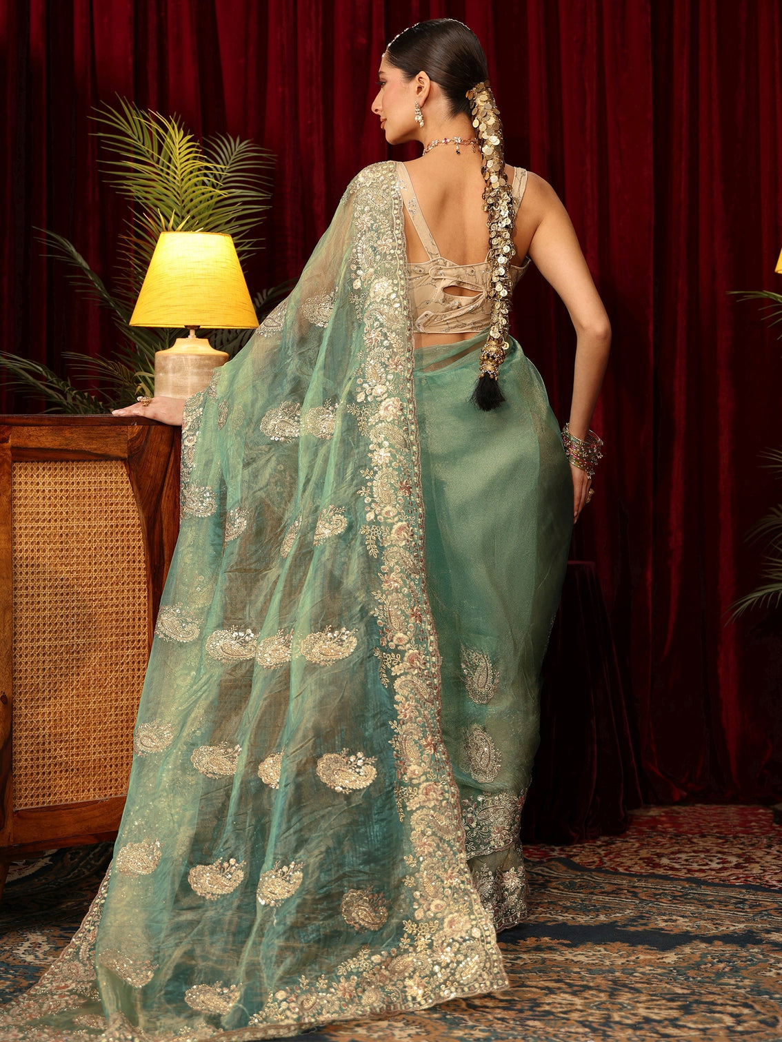 Mameraa Art Sage Green Paisley Embellished Tissue Saree