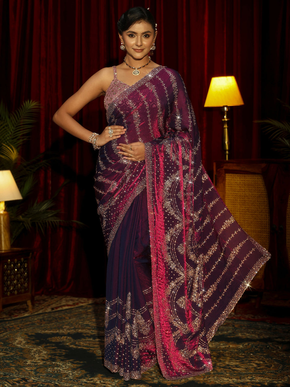 Mameraa Art Burgundy Stone Work Embellished Tissue Saree