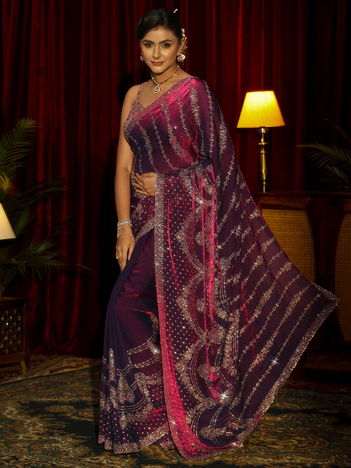 Mameraa Art Burgundy Stone Work Embellished Tissue Saree