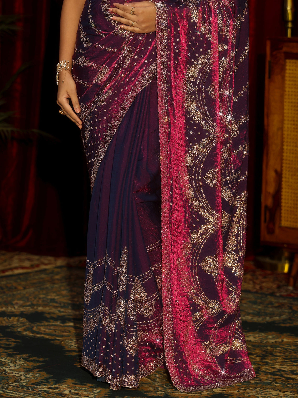 Mameraa Art Burgundy Stone Work Embellished Tissue Saree